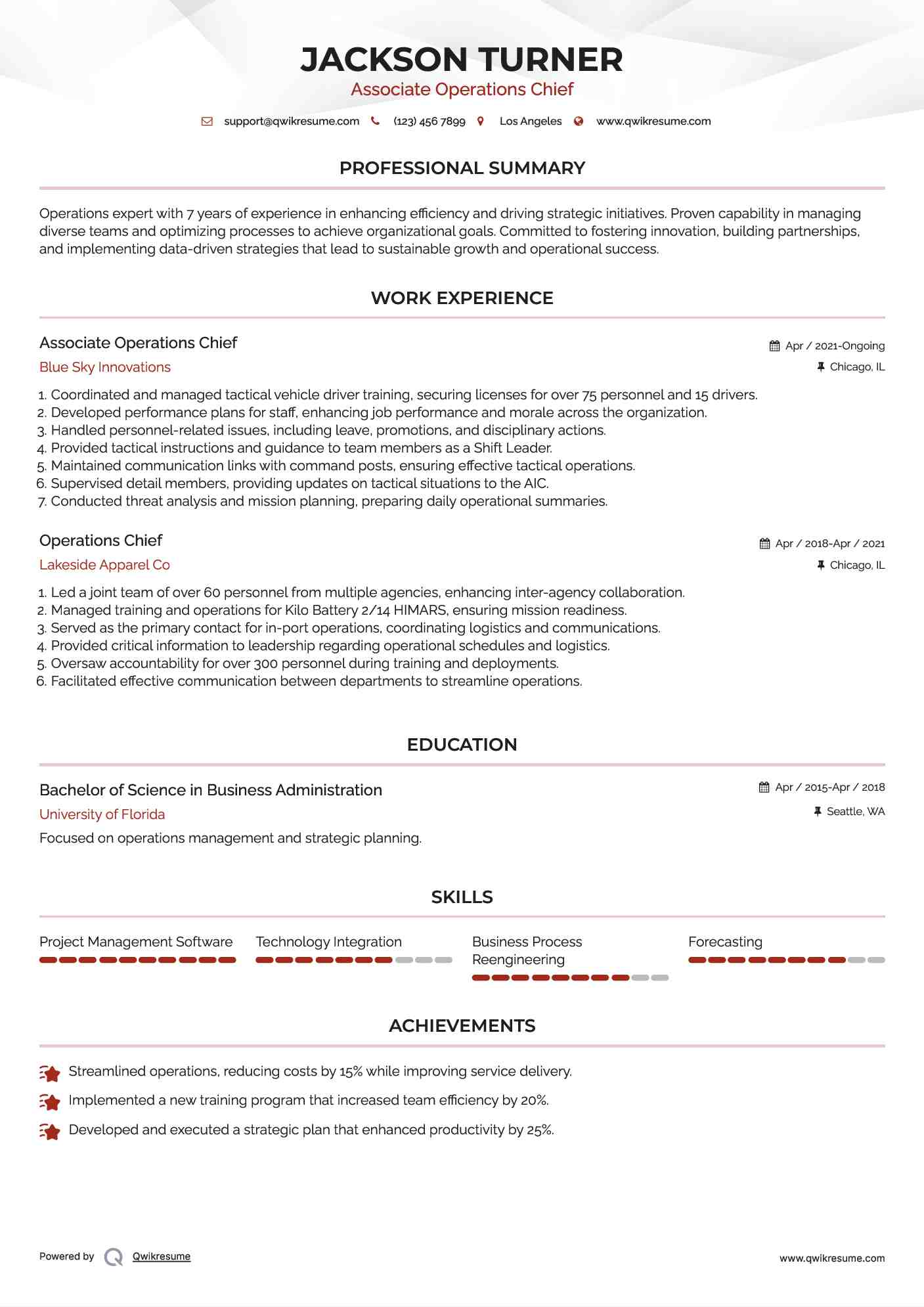 Associate Operations Chief Resume Sample