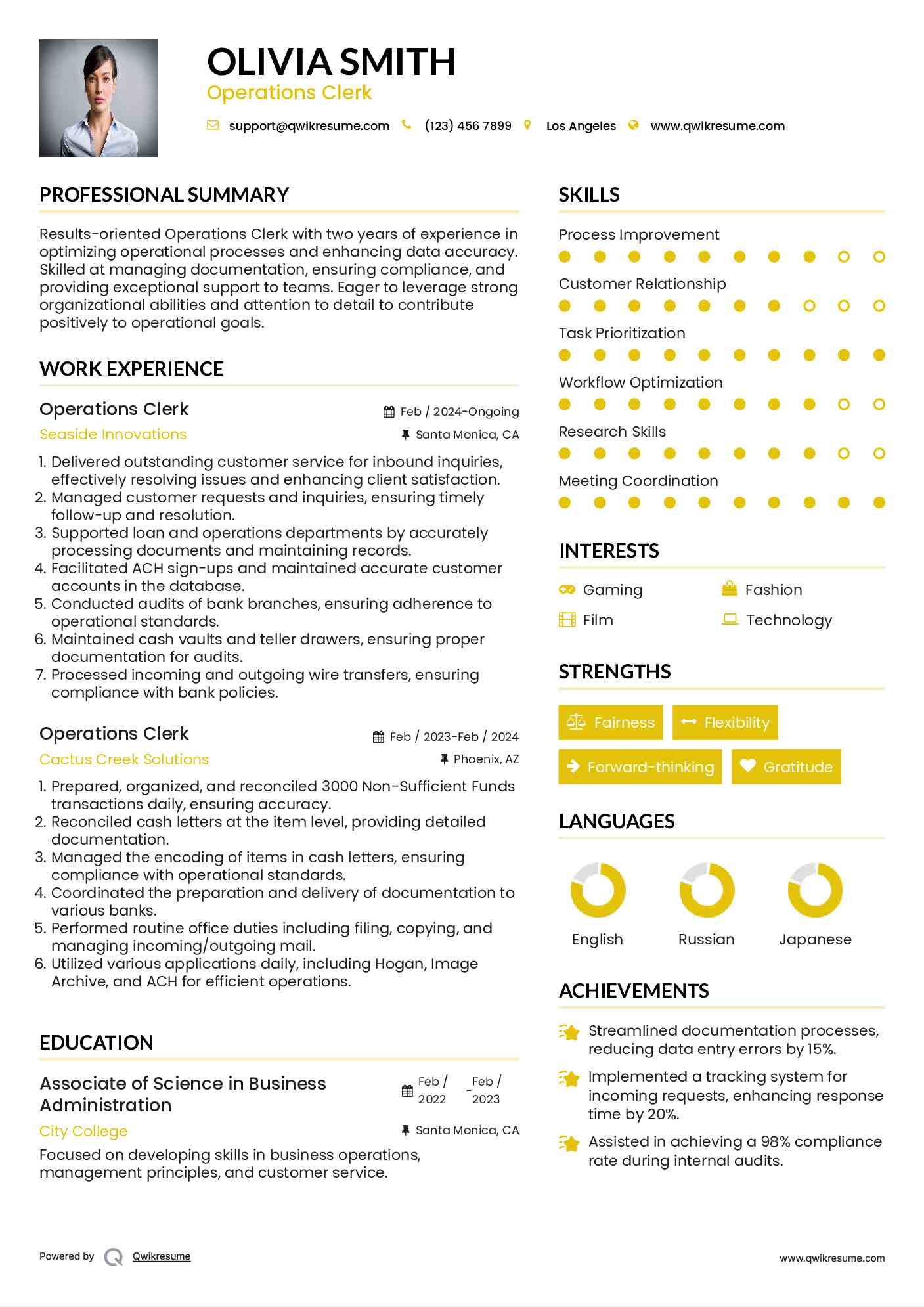Operations Clerk Resume Example