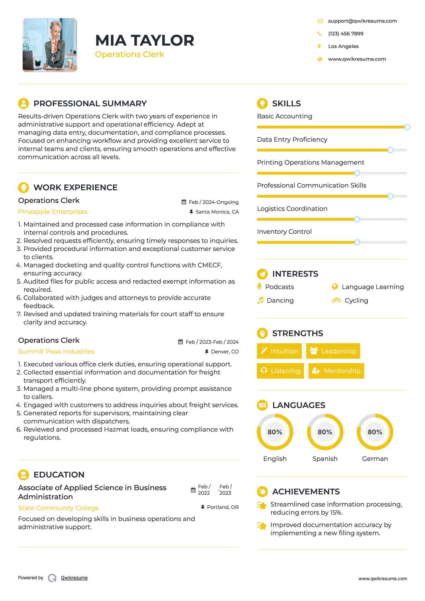 Operations Clerk Resume Example