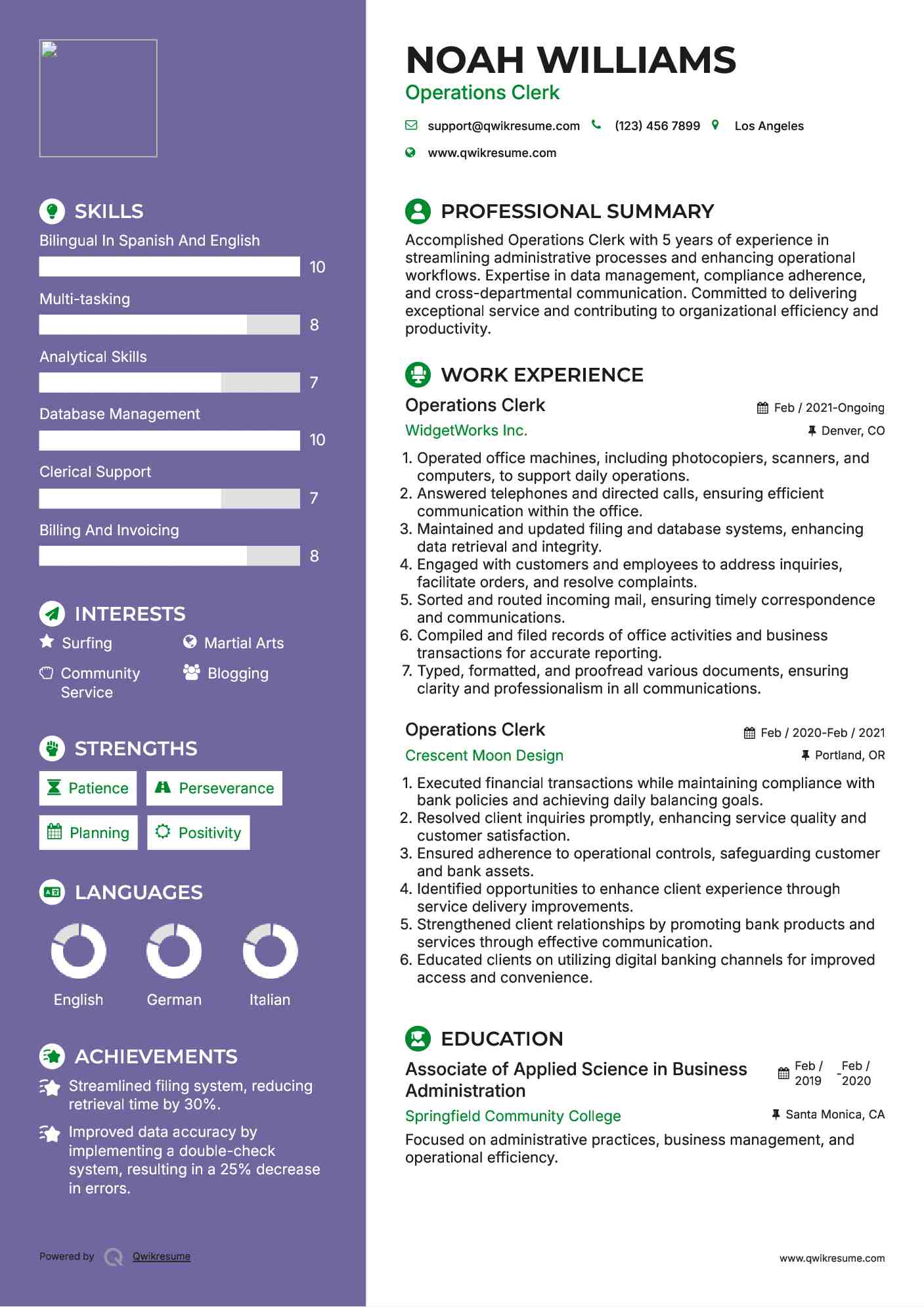 Operations Clerk Resume Sample