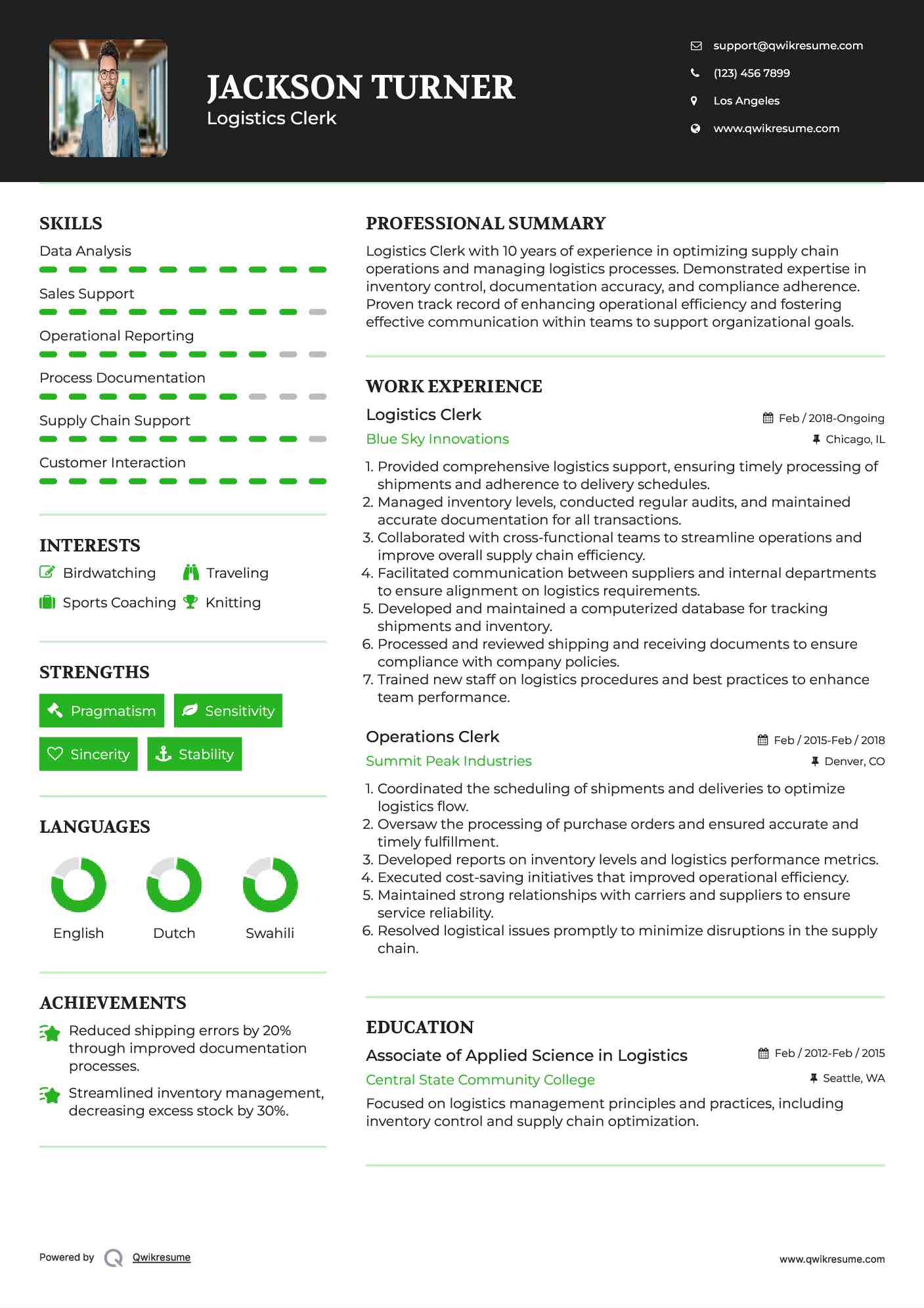 Logistics Clerk Resume Sample