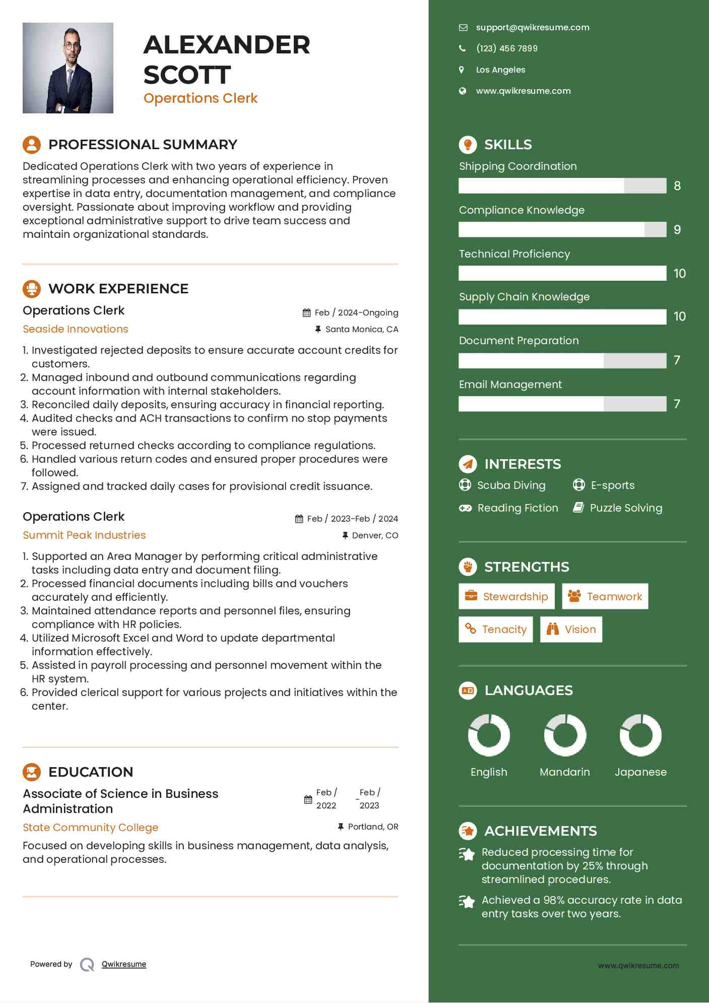 Operations Clerk Resume Model