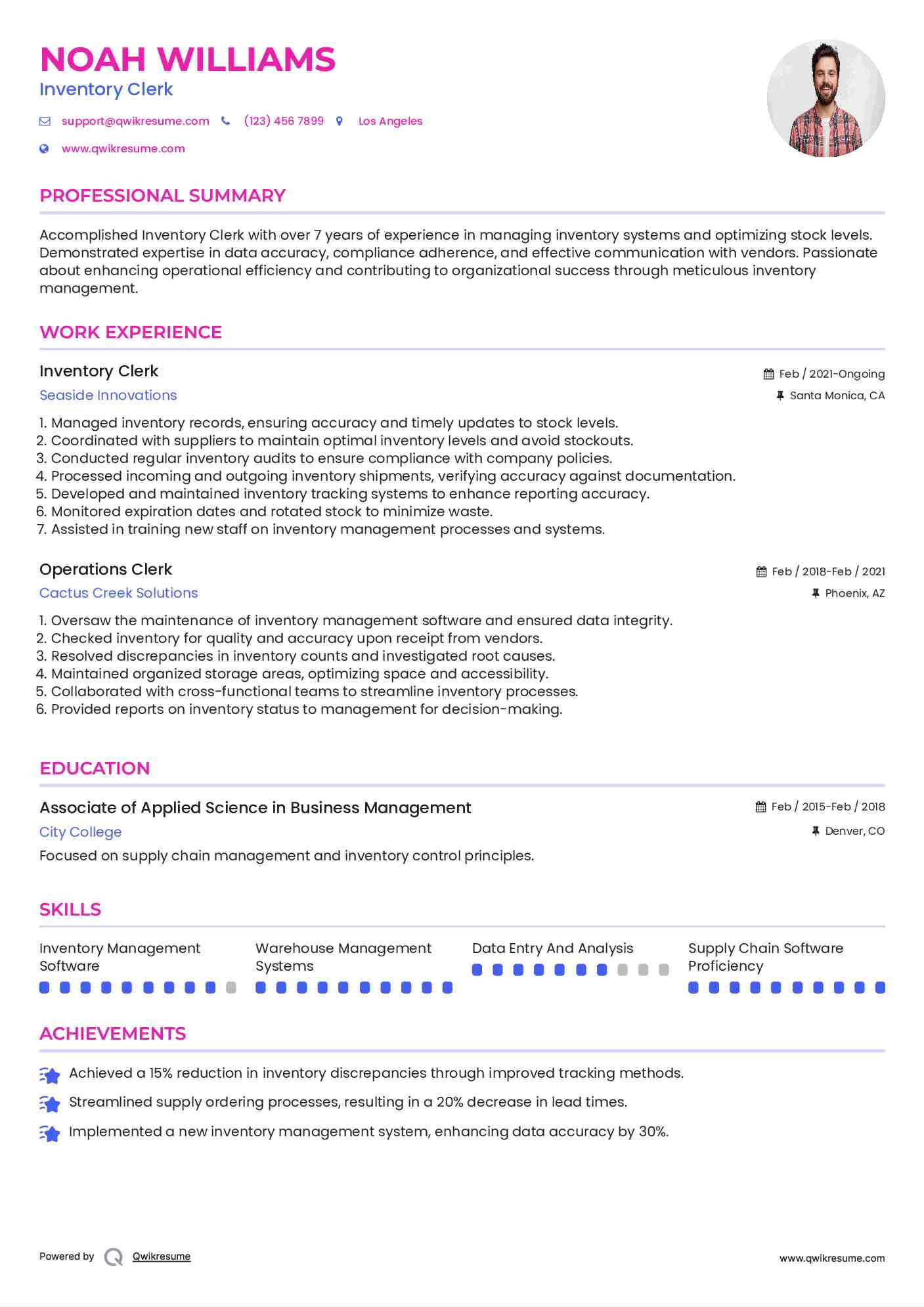 Inventory Clerk Resume Sample