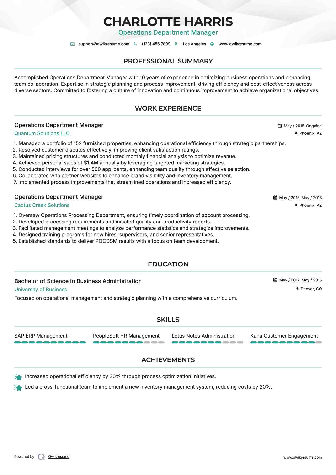 Operations Department Manager Resume Format