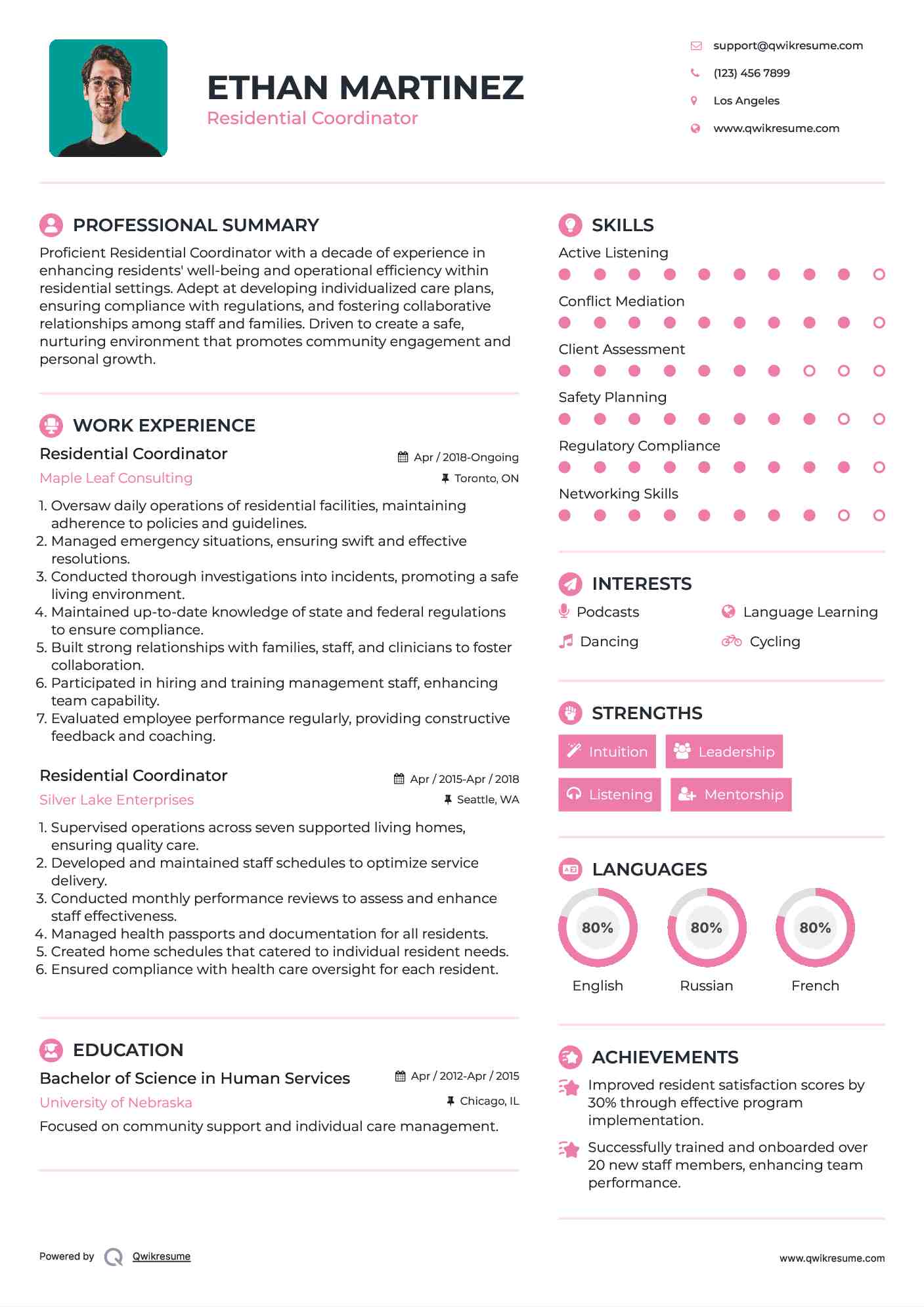 Residential Coordinator Resume Sample