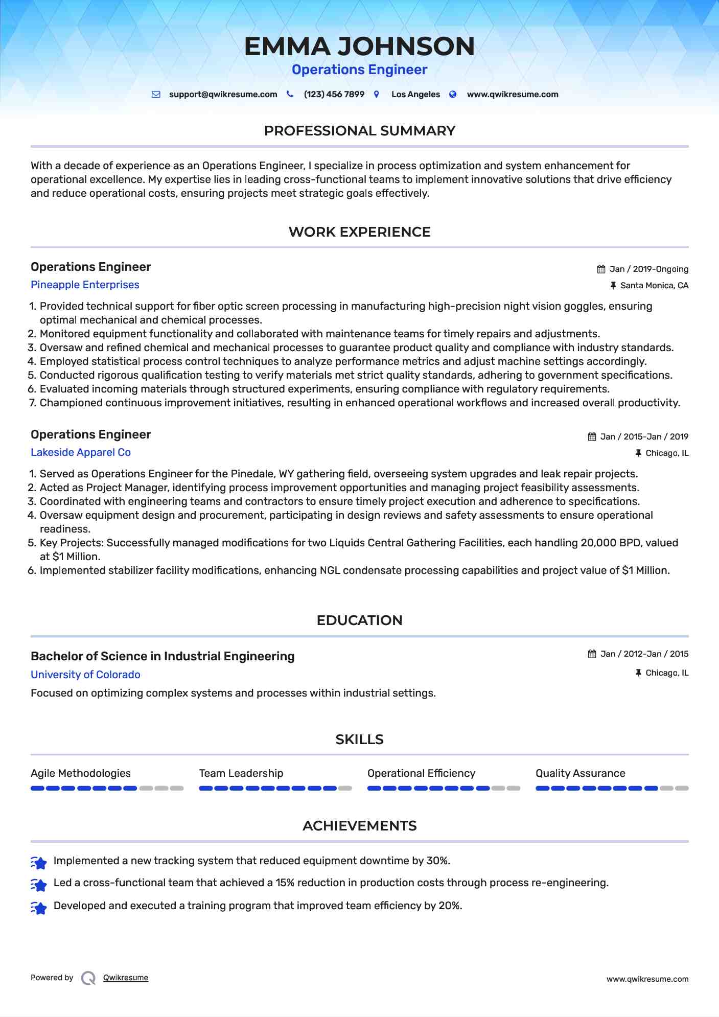 Operations Engineer Resume Example
