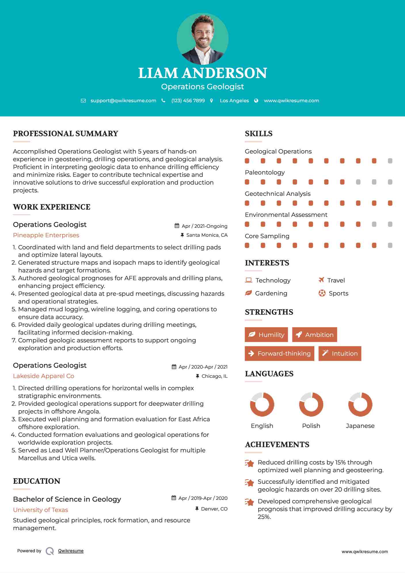 Operations Geologist Resume Example