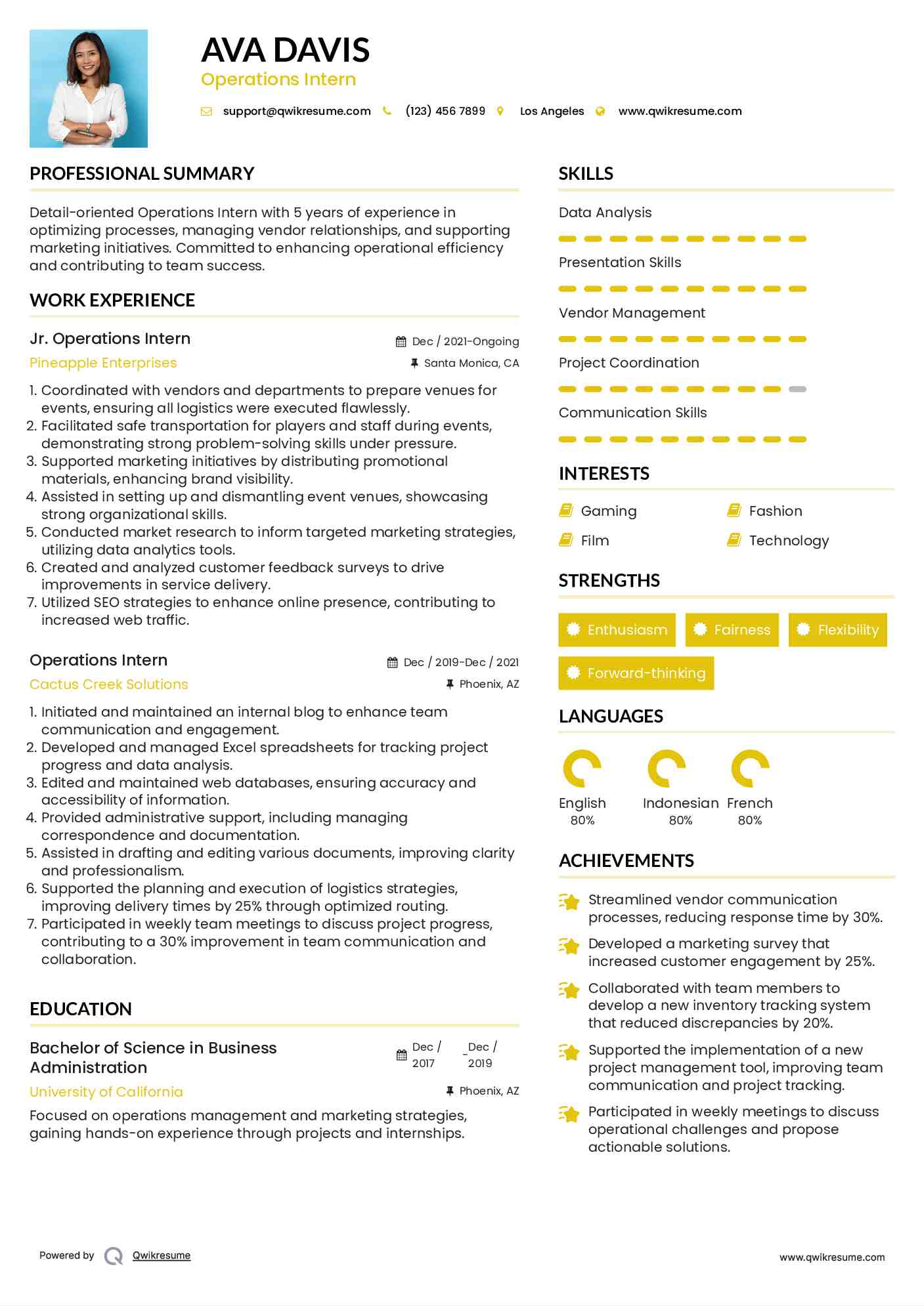 Jr. Operations Intern Resume Example