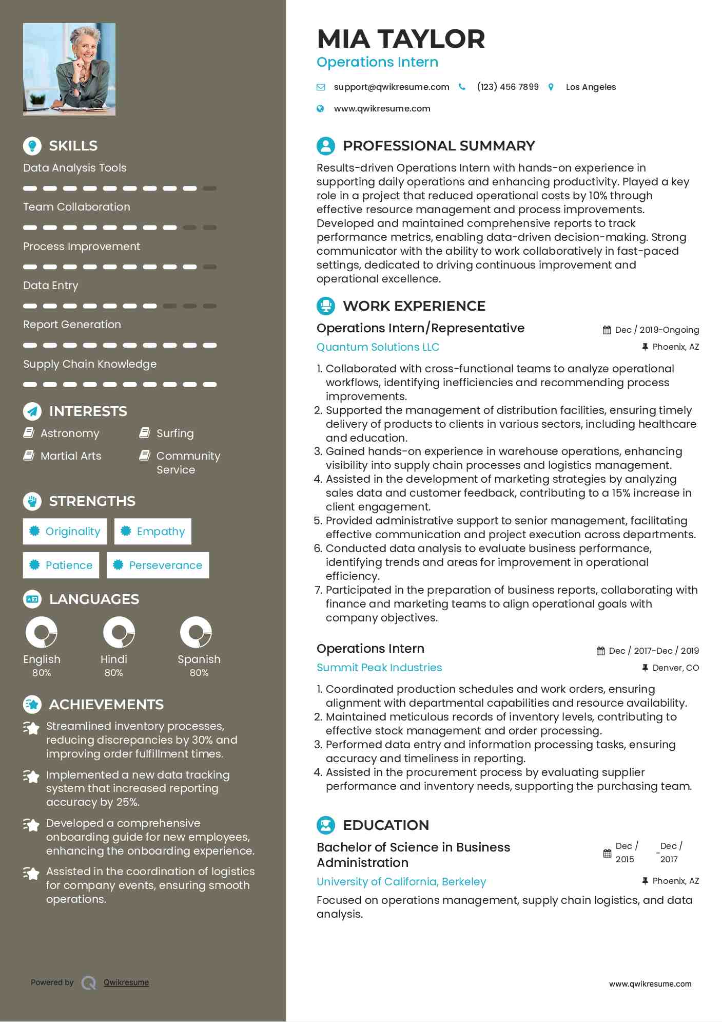 Operations Intern/Representative Resume Format