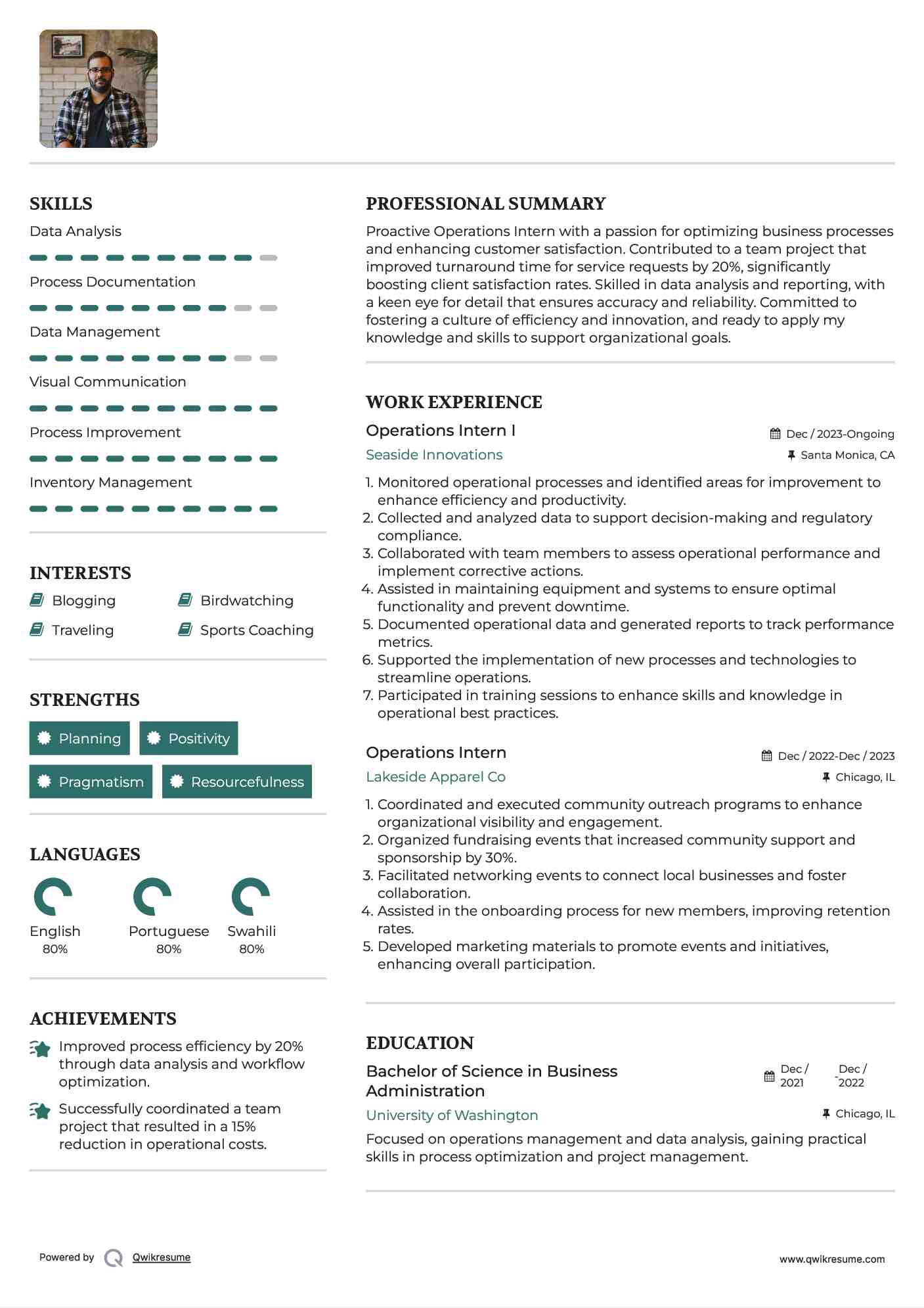 Operations Intern I Resume Format