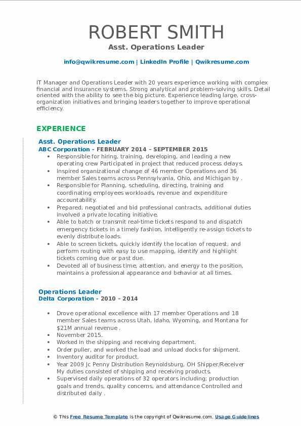 Operations Leader Resume Samples QwikResume