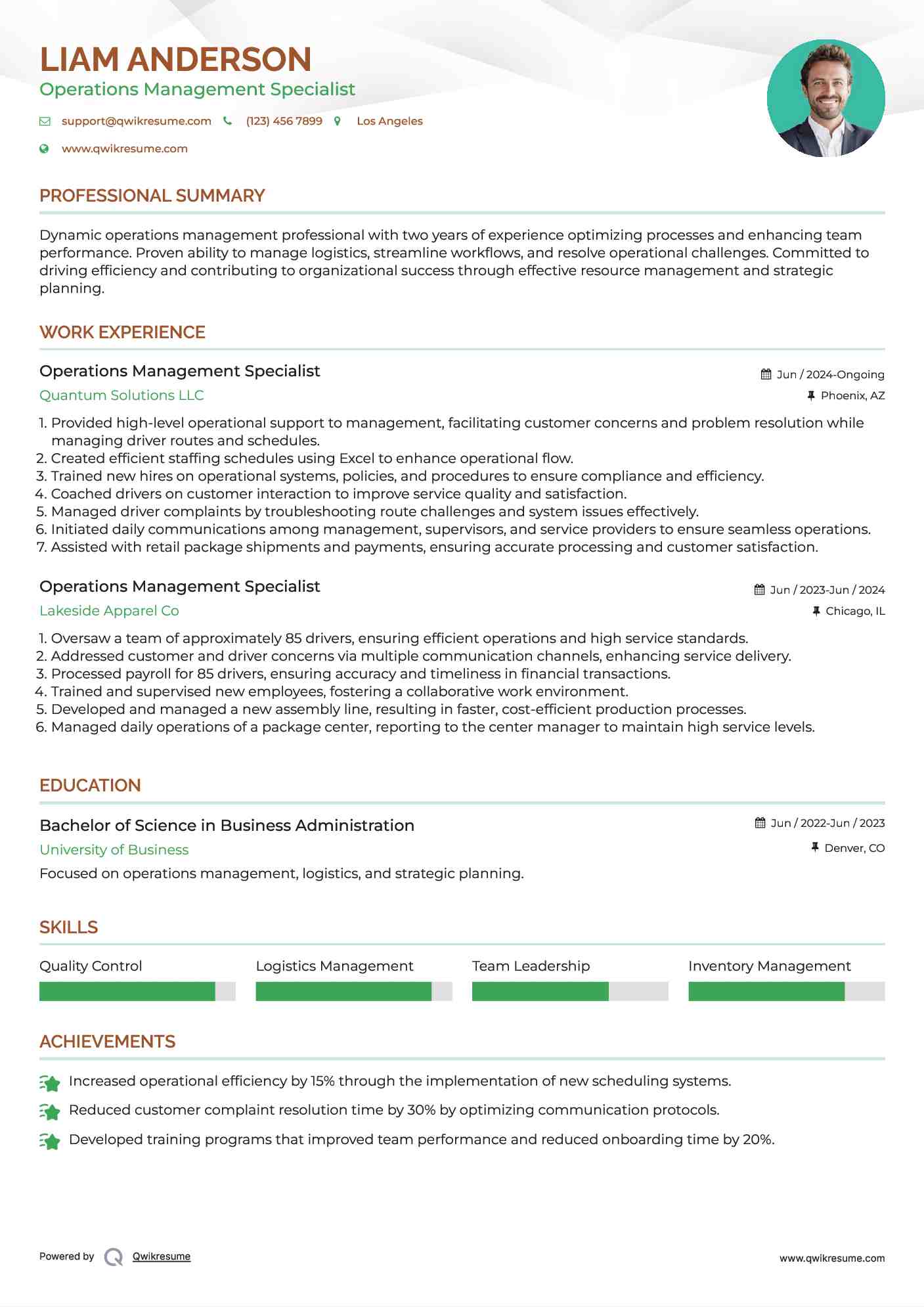 Operations Management Specialist Resume Model
