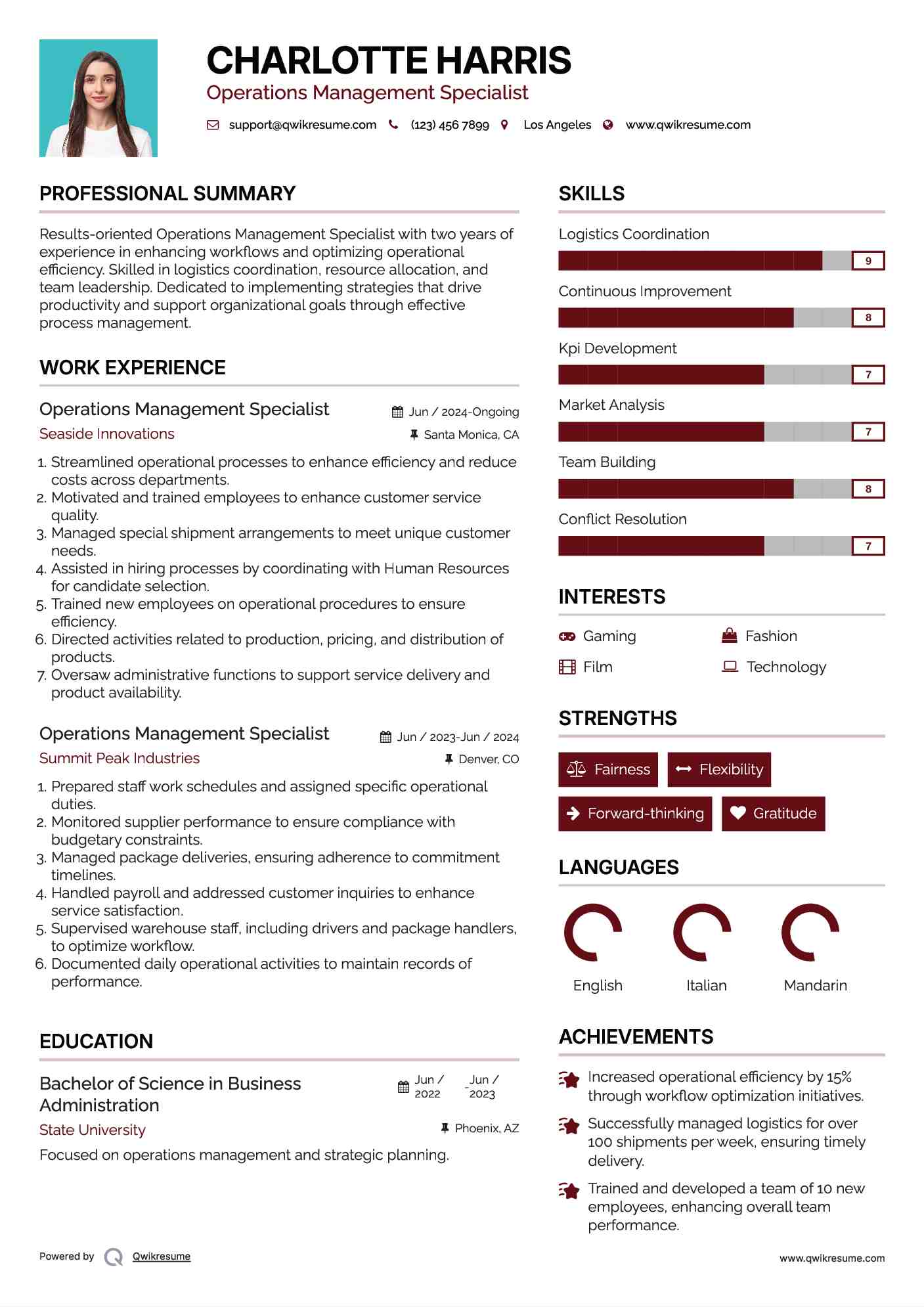 Operations Management Specialist Resume Example