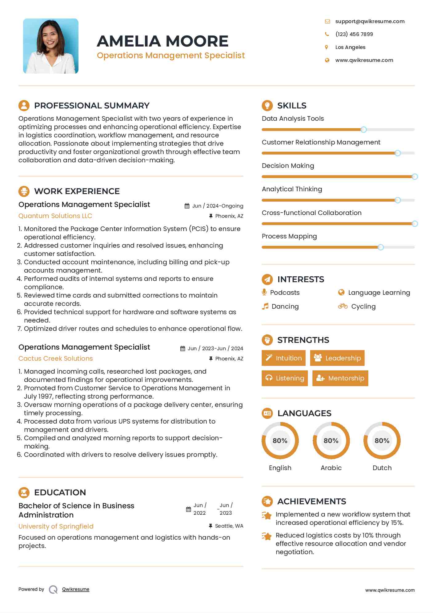 Operations Management Specialist Resume Format
