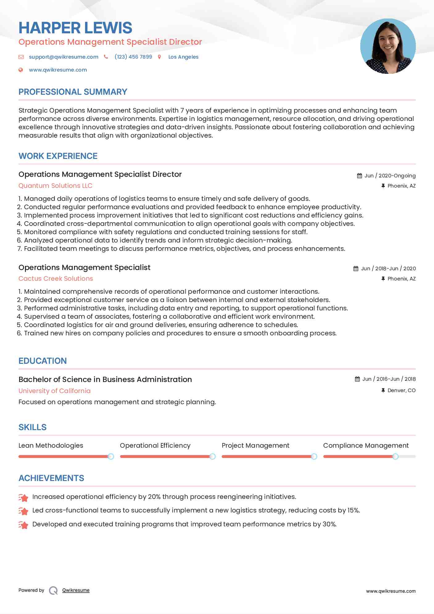 Operations Management Specialist Director Resume Sample