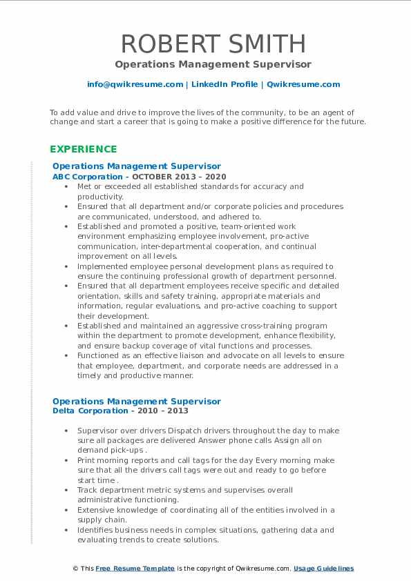 Operations Management Supervisor Resume Samples | QwikResume