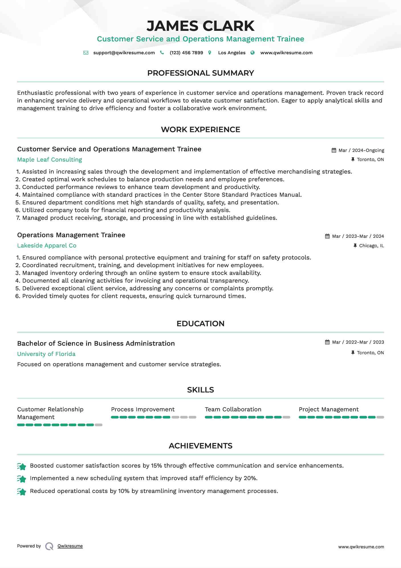Customer Service and Operations Management Trainee
 Resume Sample