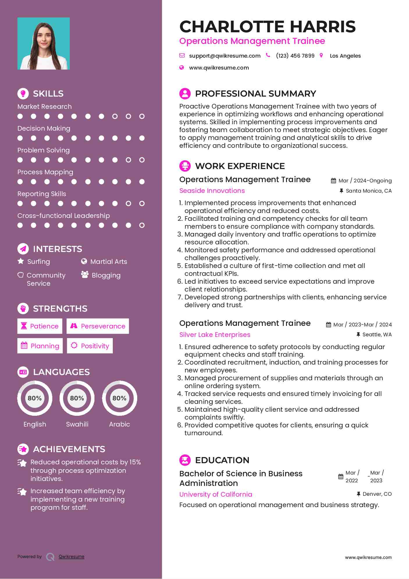 Operations Management Trainee Resume Model