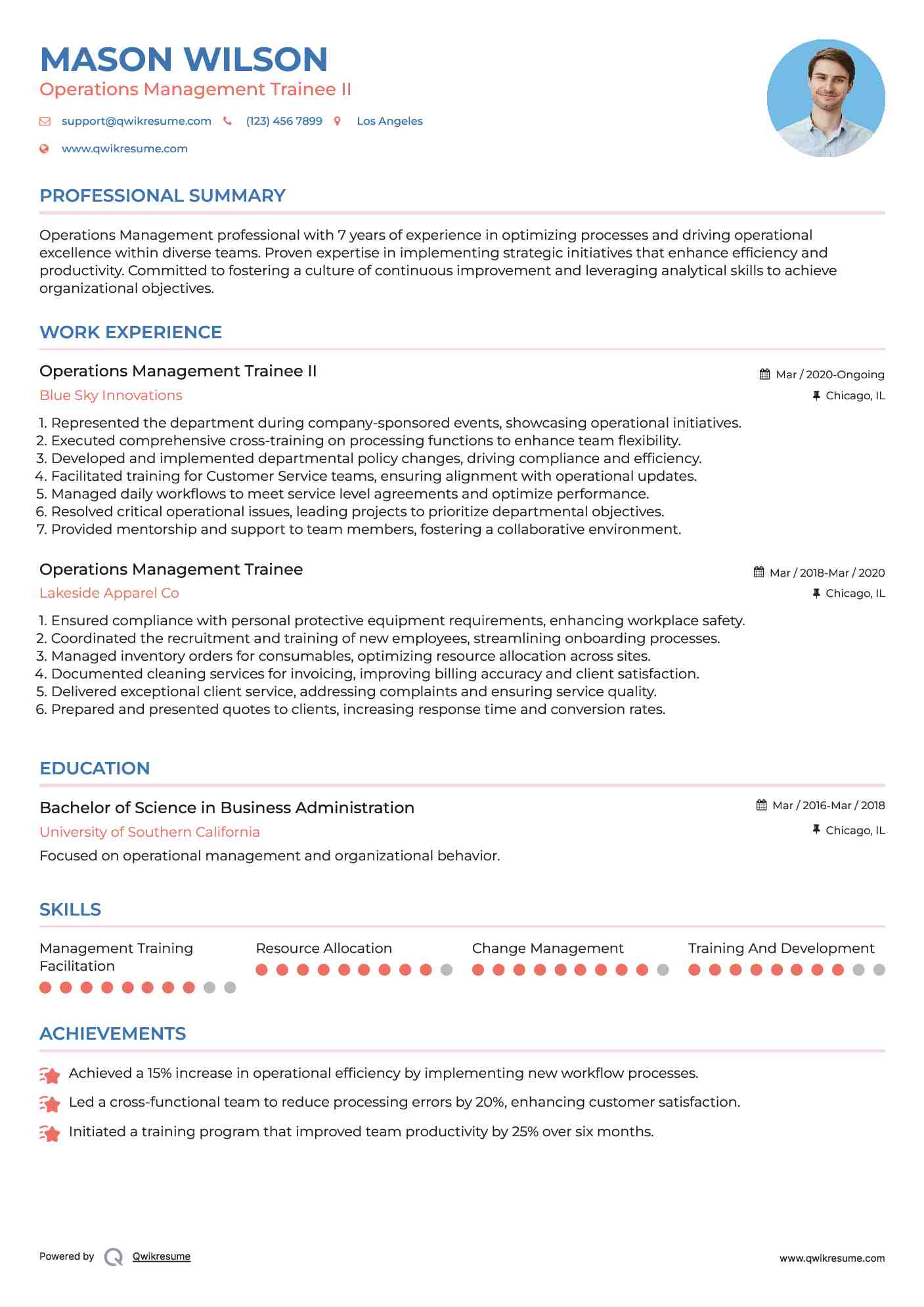 Operations Management Trainee II Resume Example