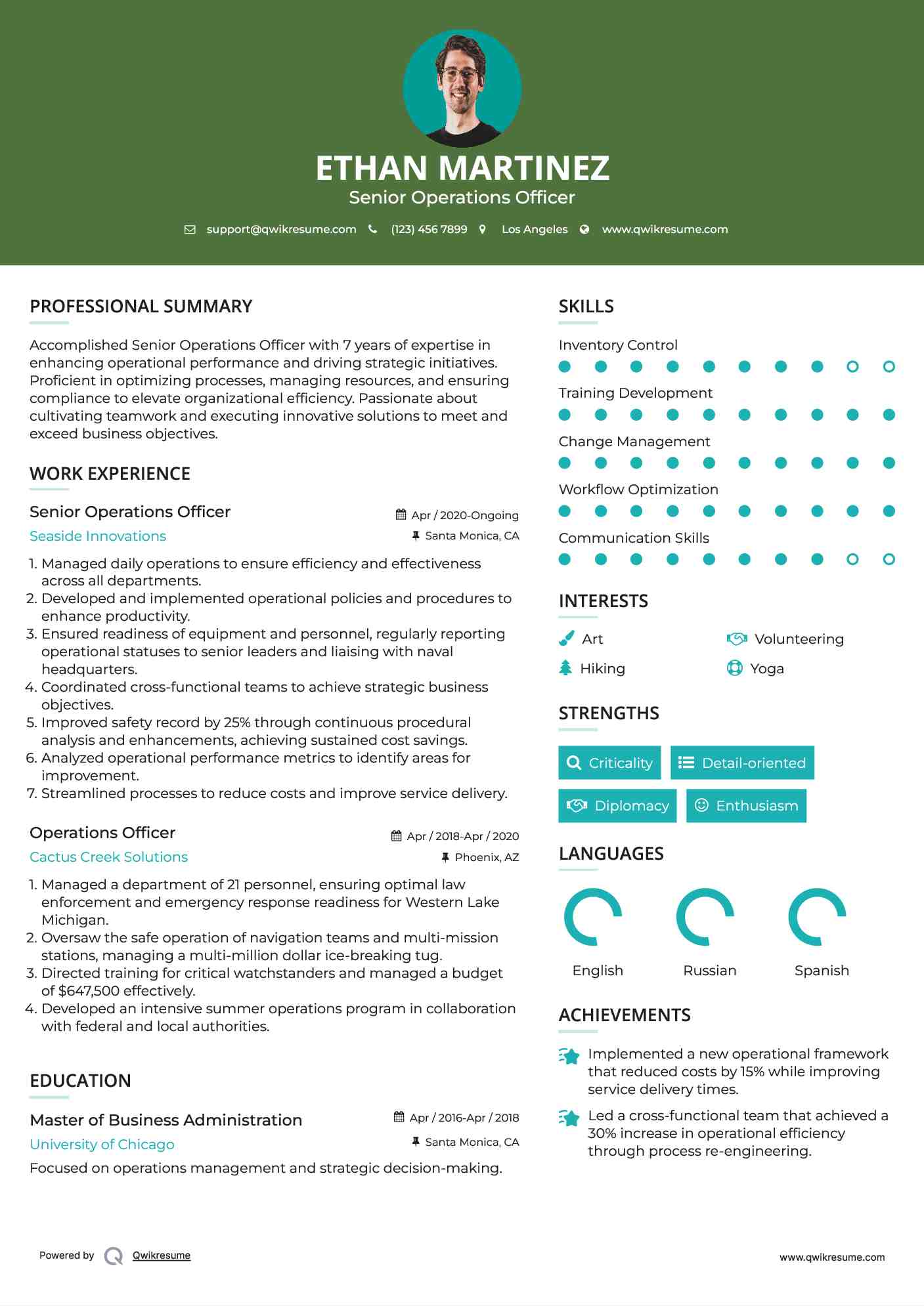 Senior Operations Officer Resume Format