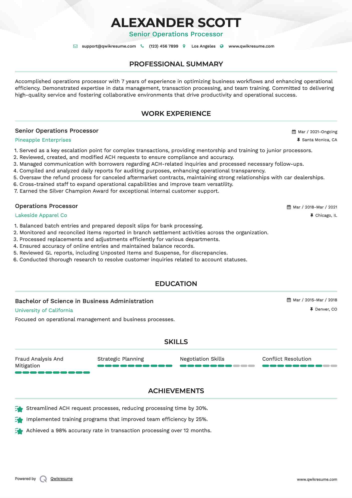 Senior Operations Processor Resume Example