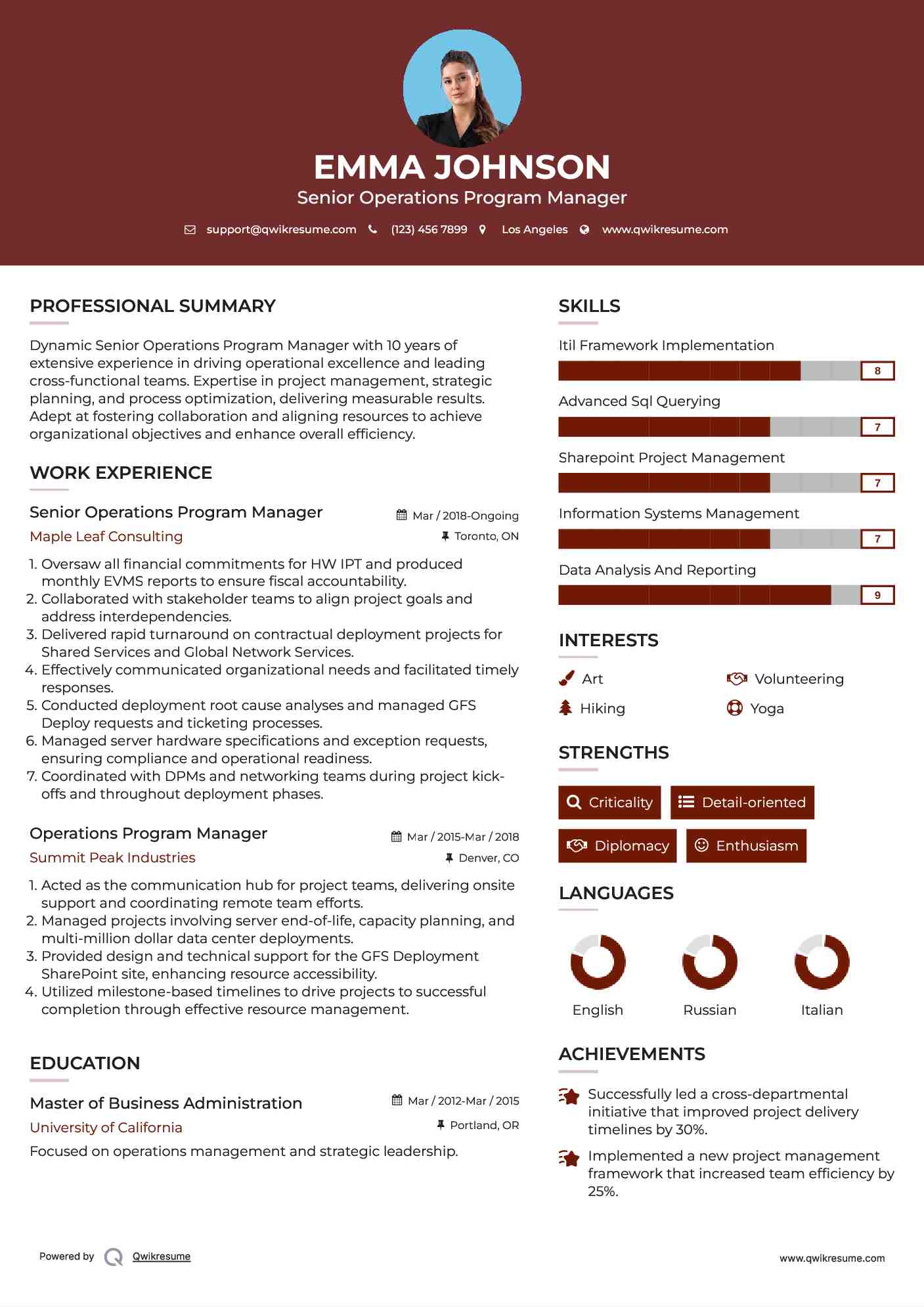 Senior Operations Program Manager Resume Example