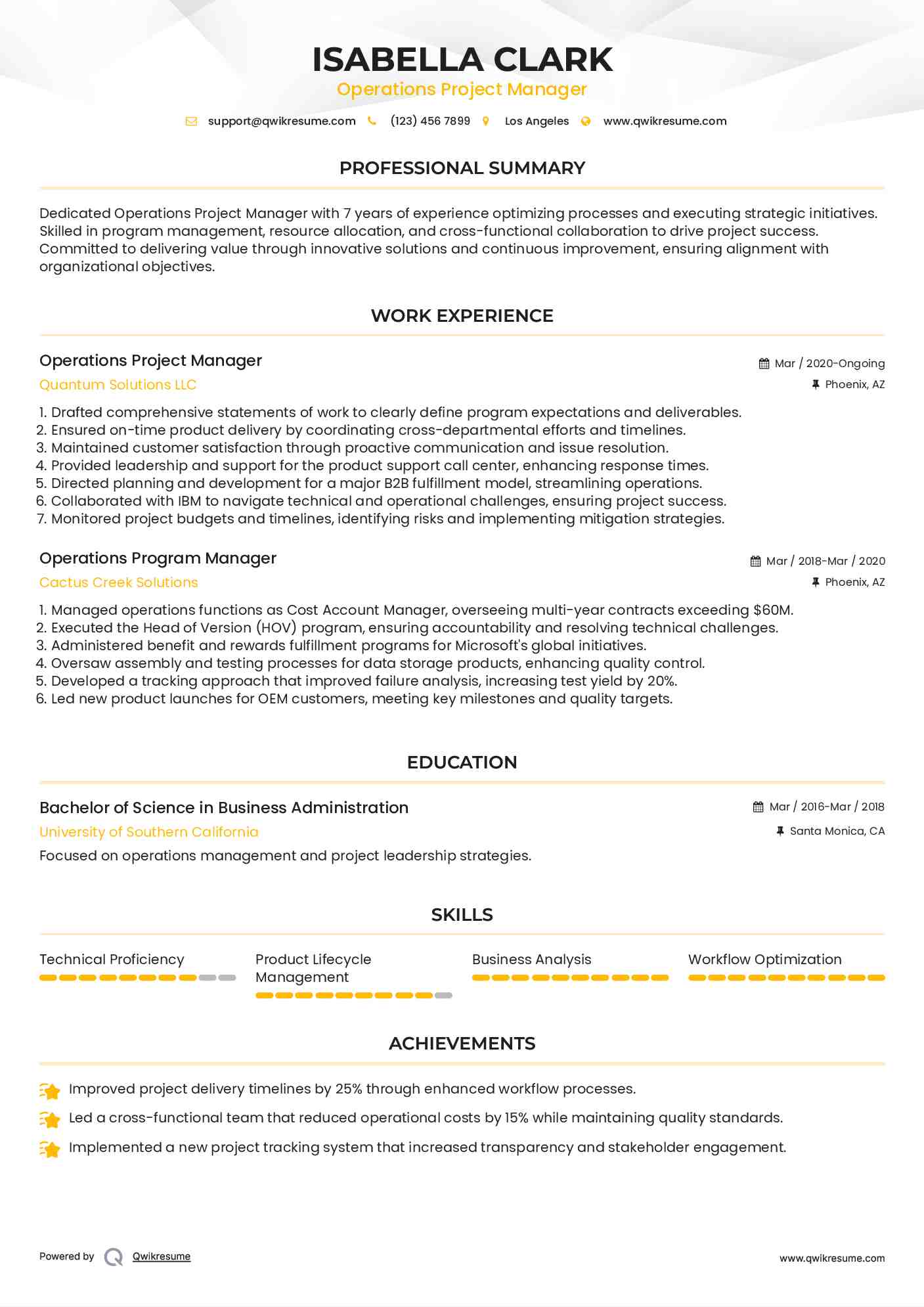 Operations Project Manager Resume Example