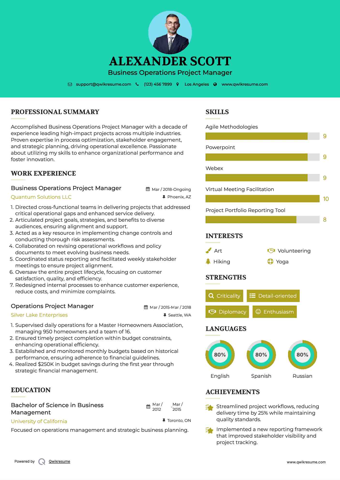 Business Operations Project Manager Resume Example
