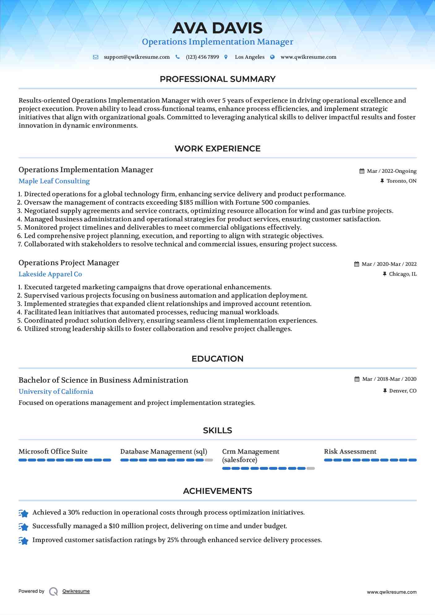 Operations Implementation Manager Resume Model