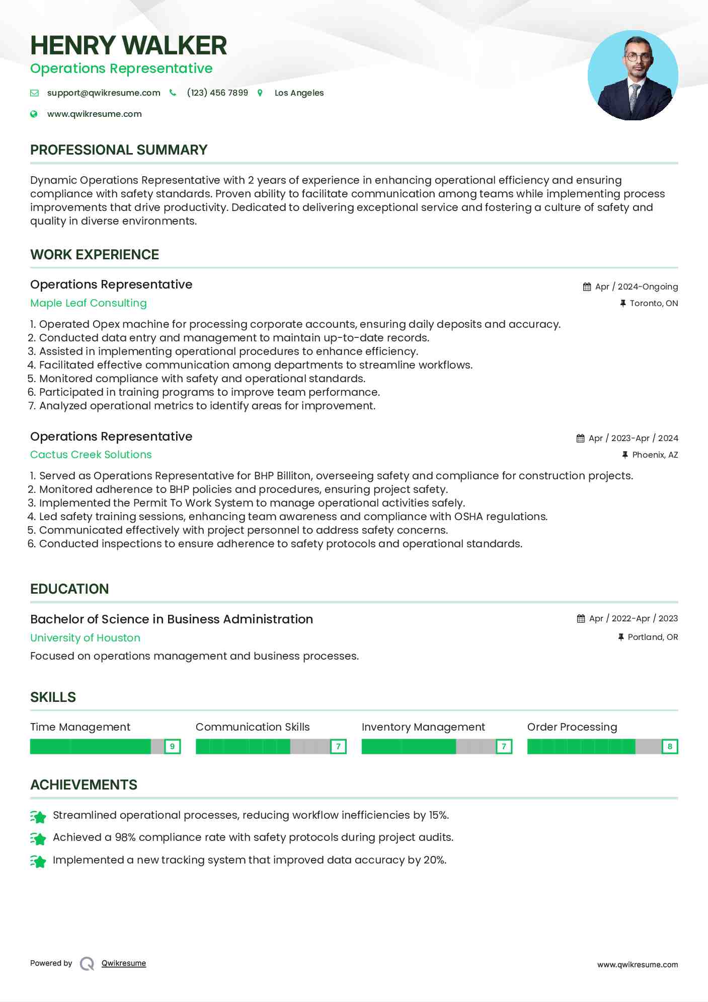 Operations Representative Resume Model