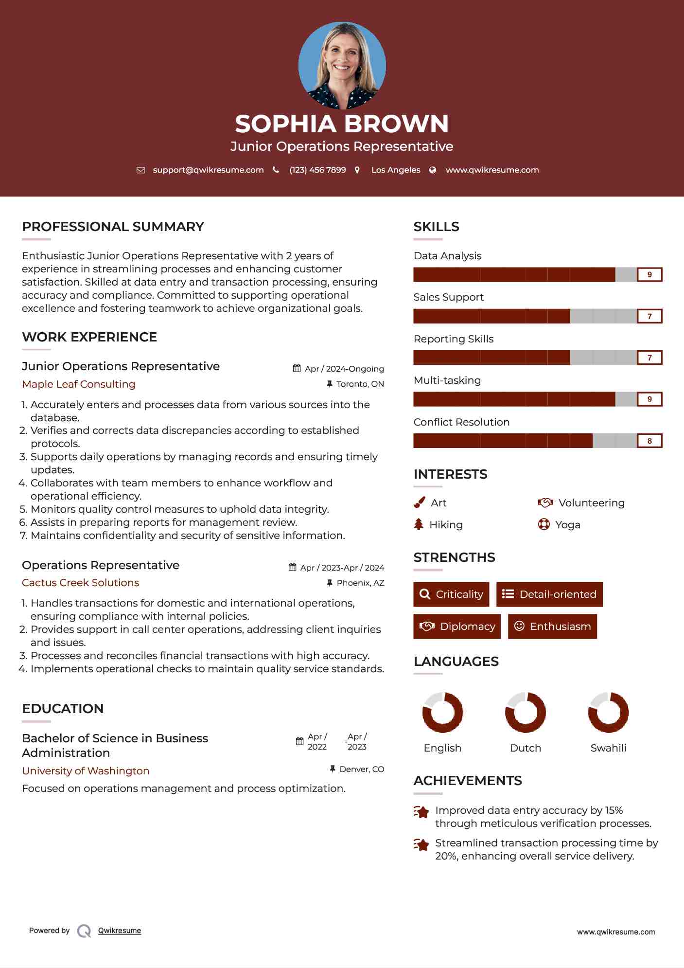 Junior Operations Representative Resume Example
