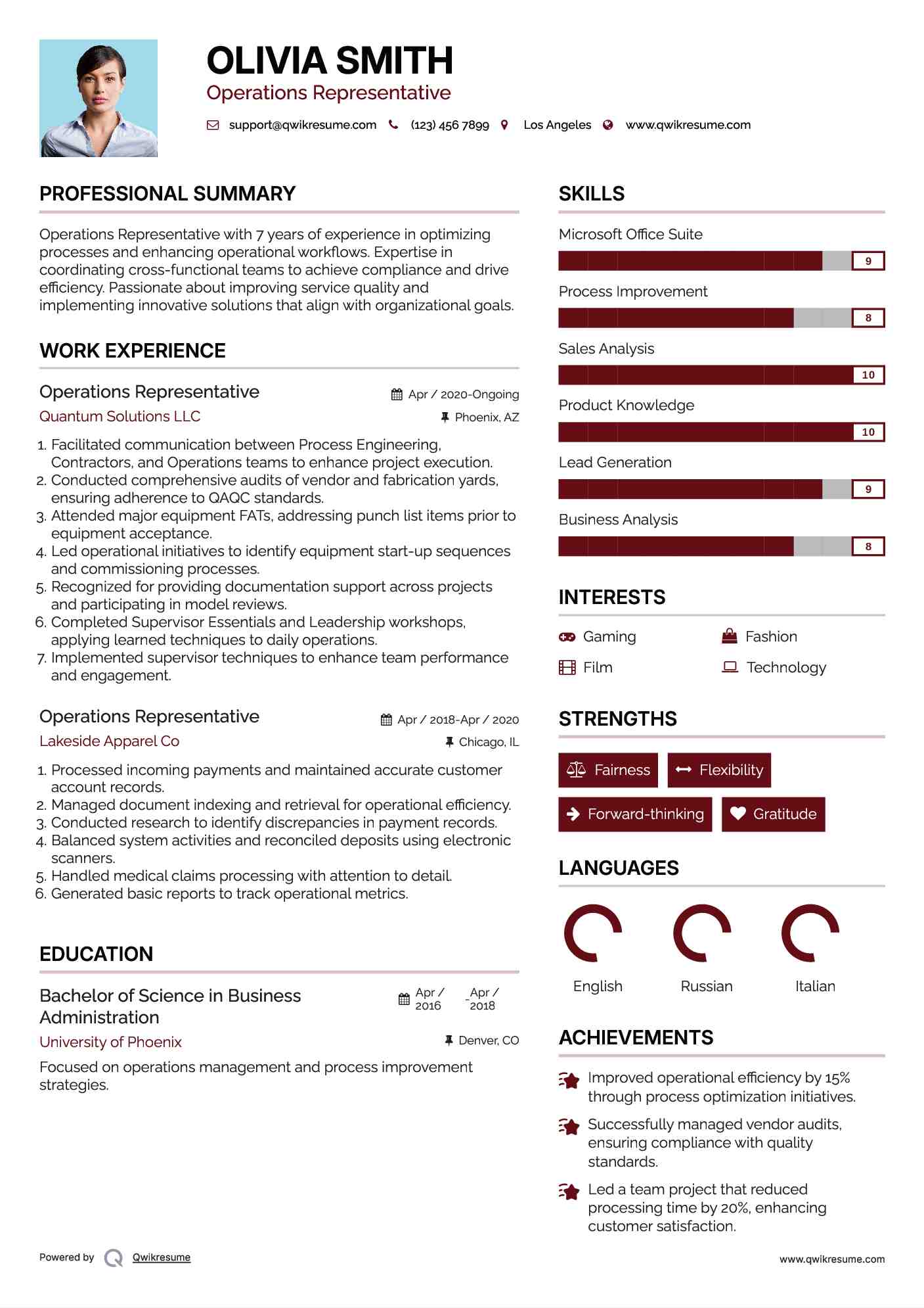 Operations Representative Resume Example