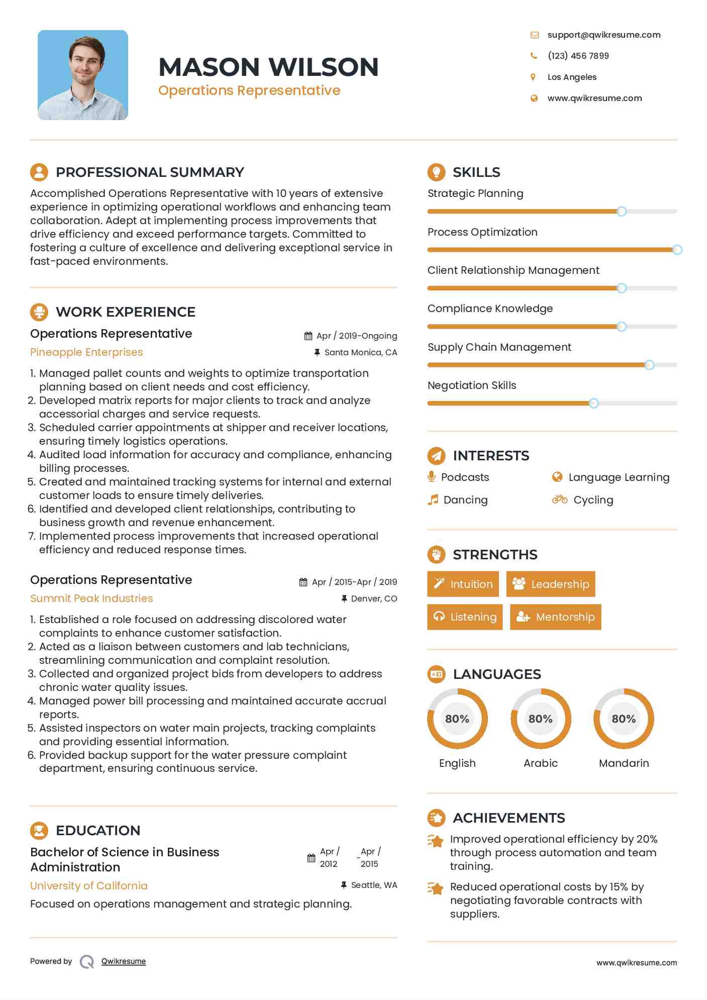 Operations Representative Resume Template