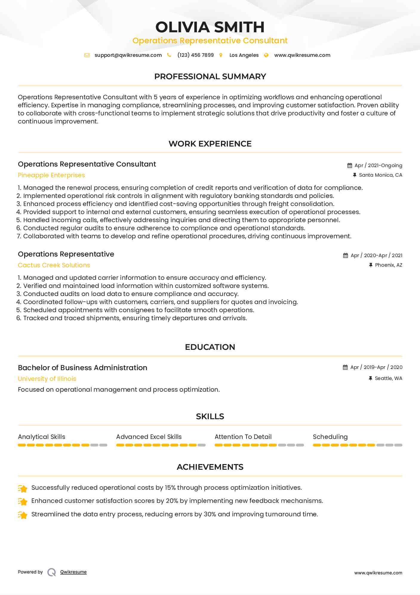 Operations Representative Consultant Resume Sample