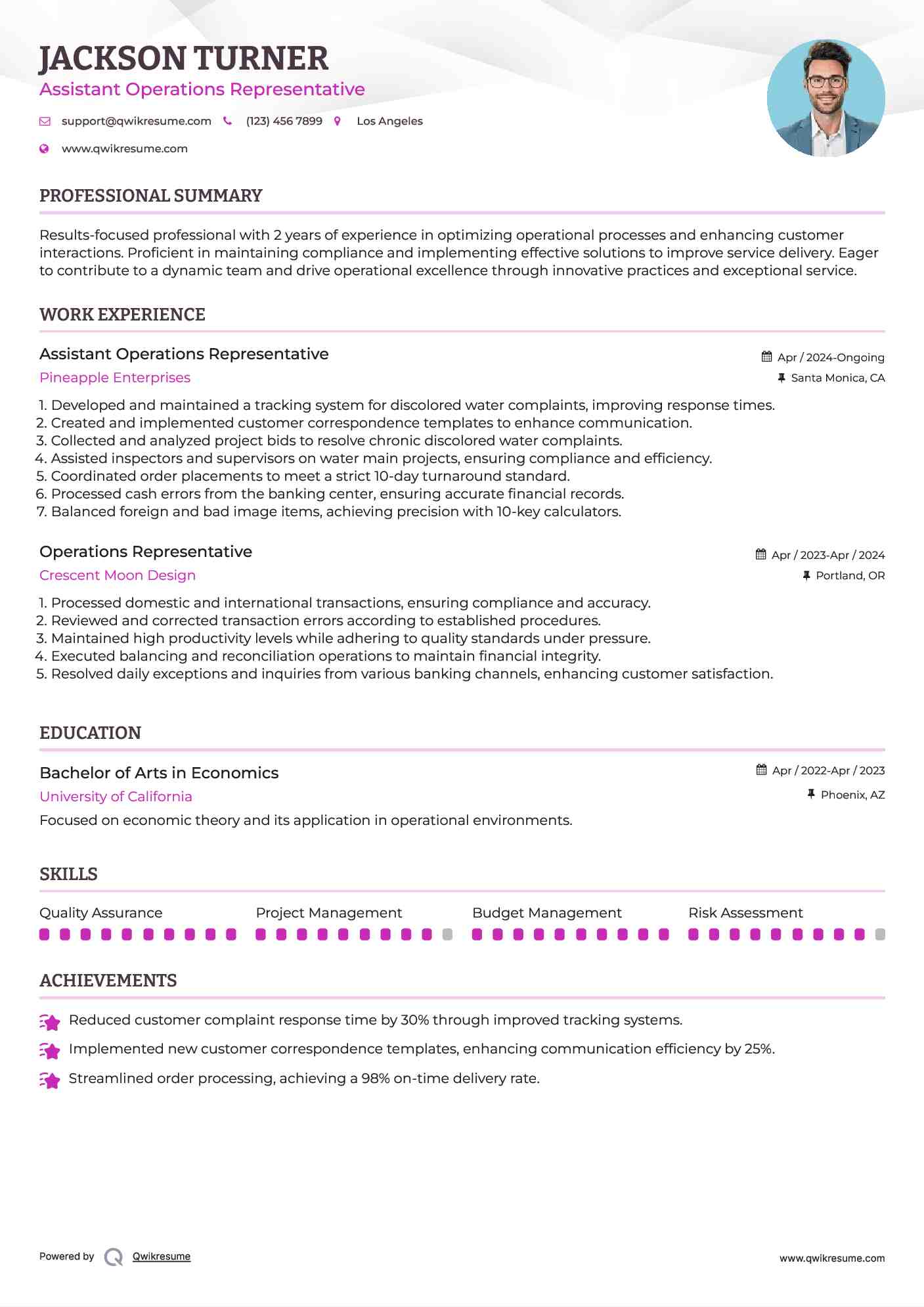 Assistant Operations Representative  Resume Example