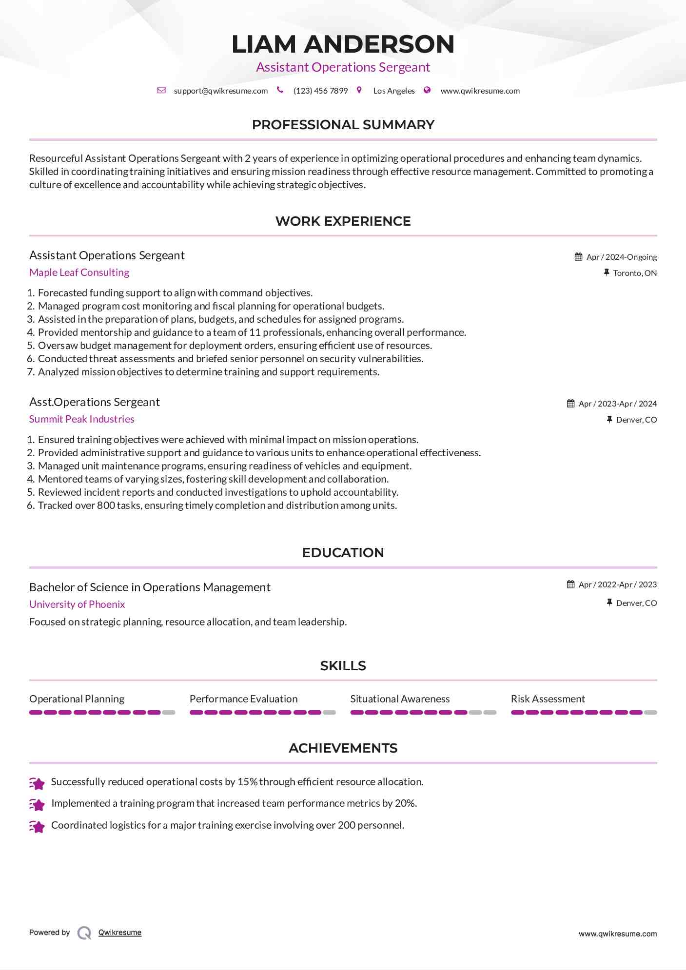 Assistant Operations Sergeant  Resume Example