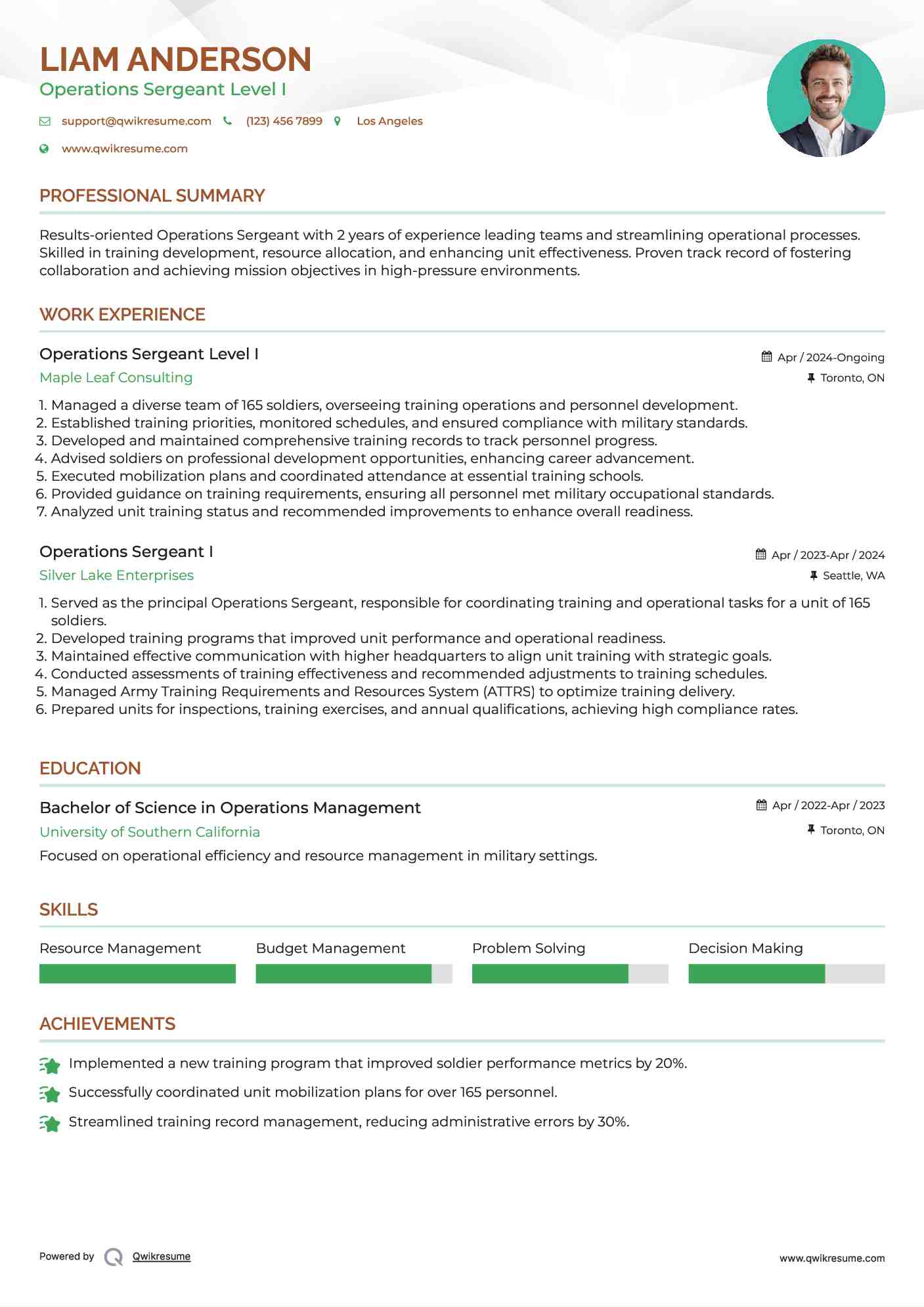 Operations Sergeant Level I Resume Template