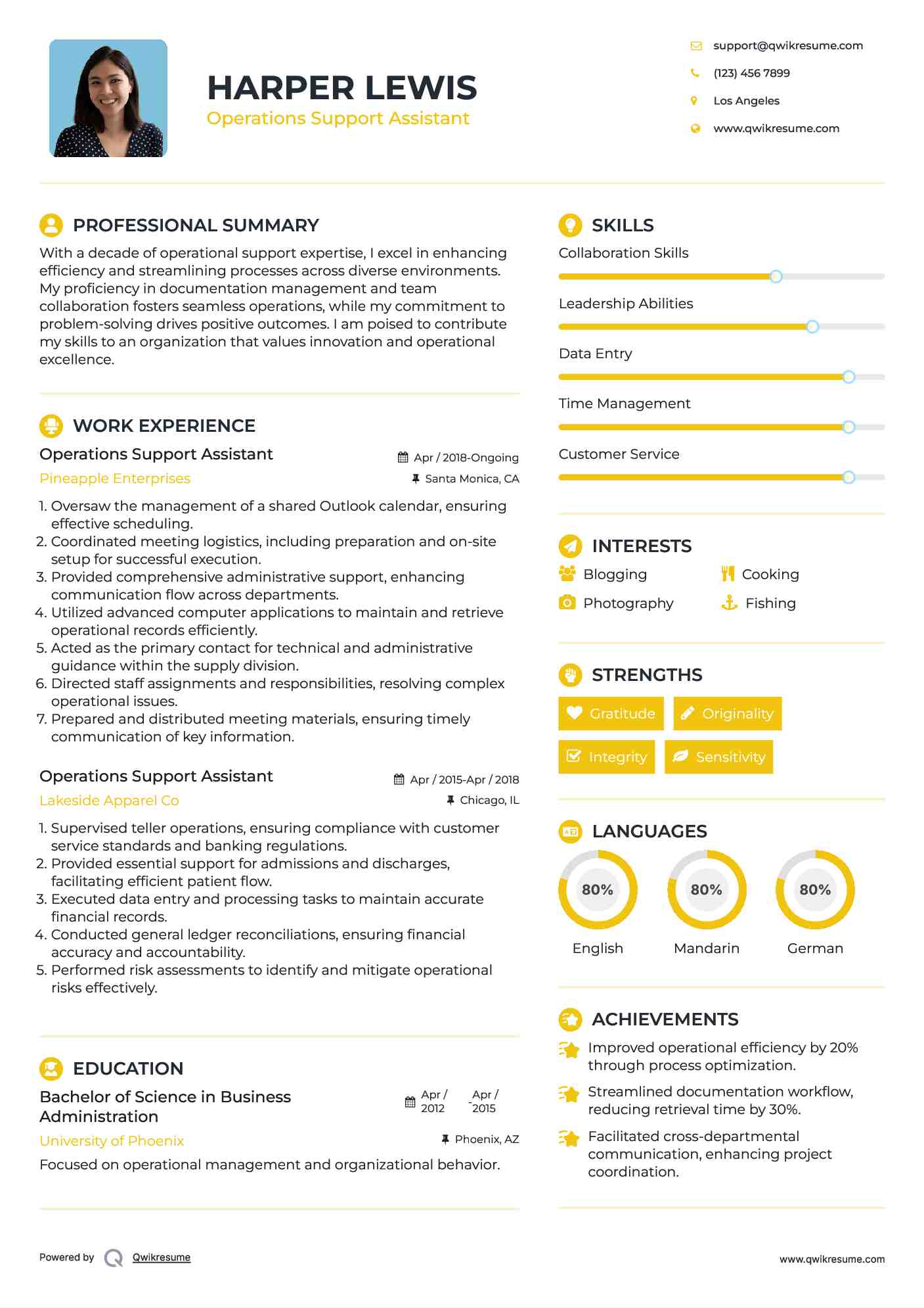 Operations Support Assistant Resume Model