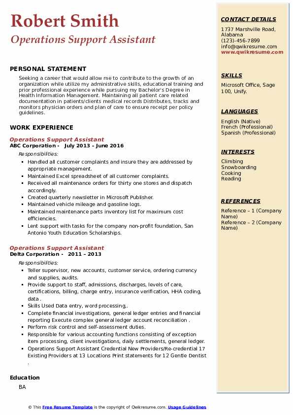 Operations support assistant resume samples qwikresume