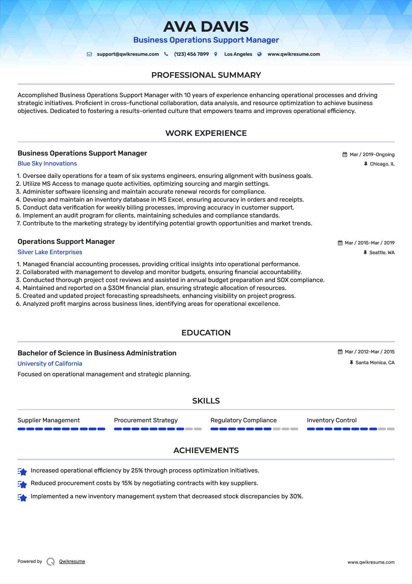 Business Operations Support Manager Resume Template