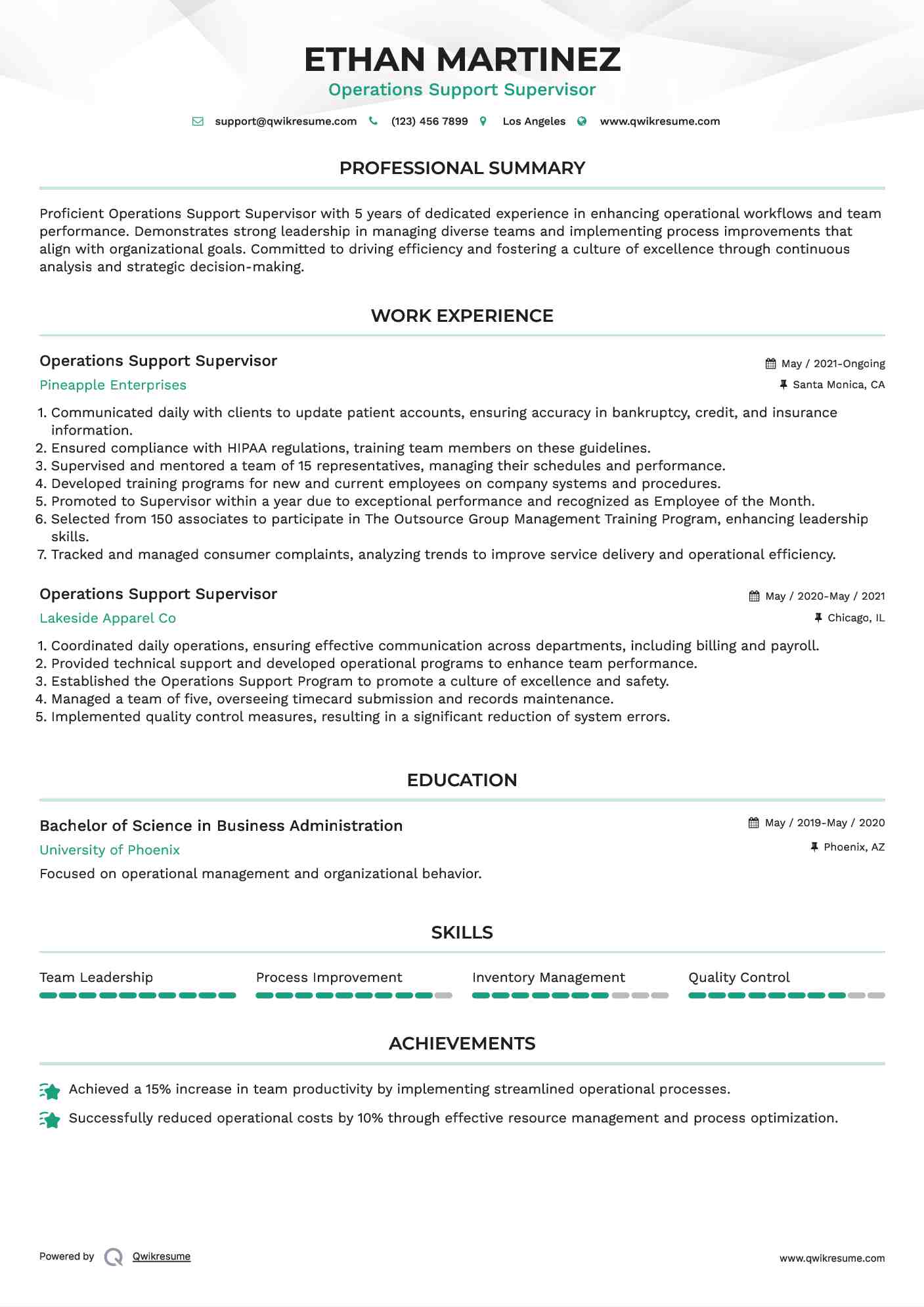 Operations Support Supervisor Resume Example