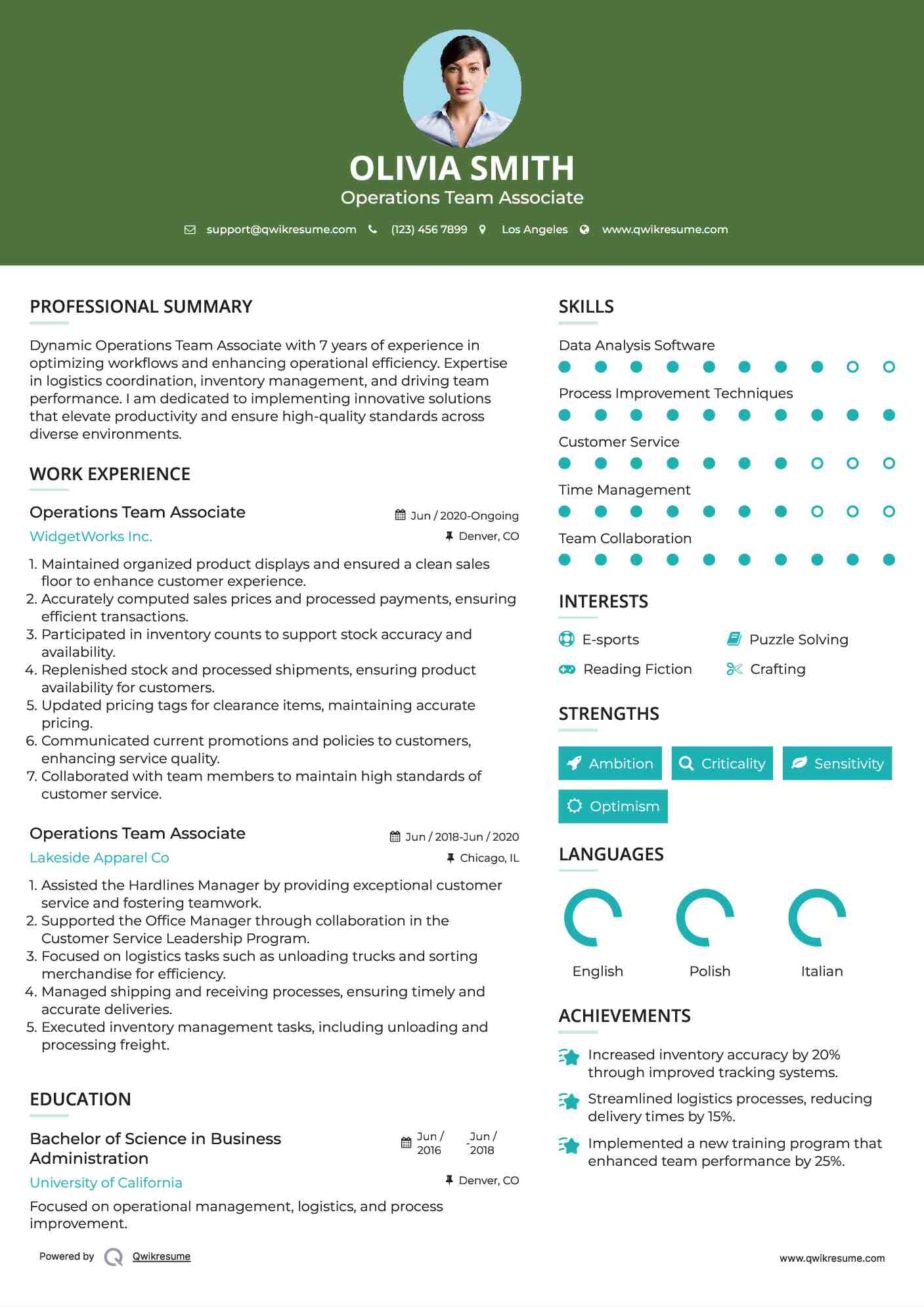 Operations Team Associate Resume Sample