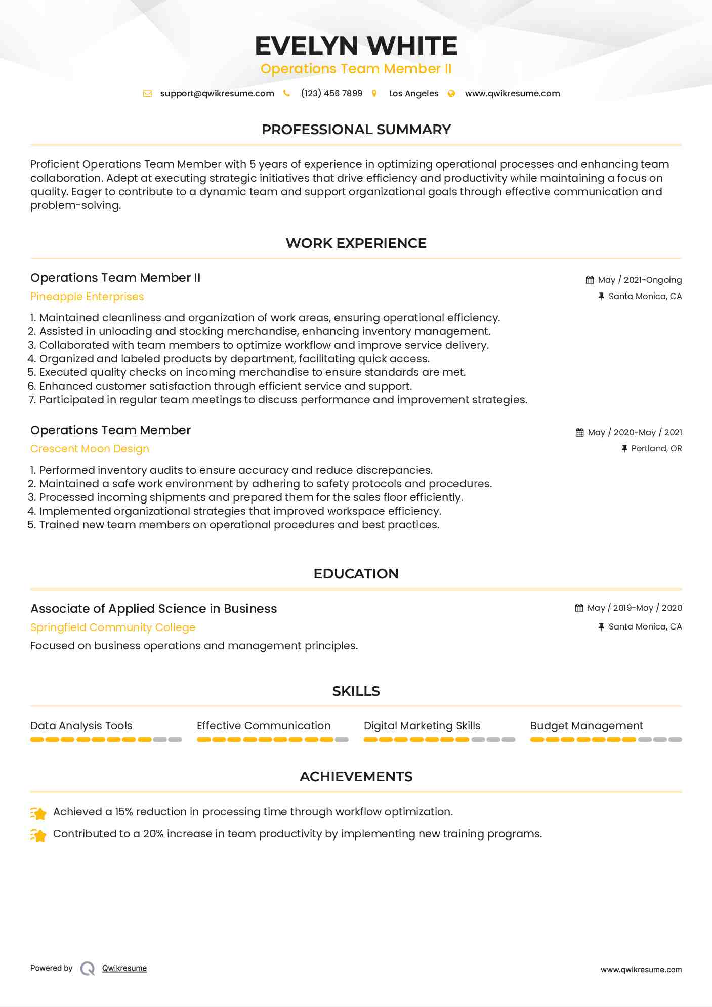 Operations Team Member II Resume Format