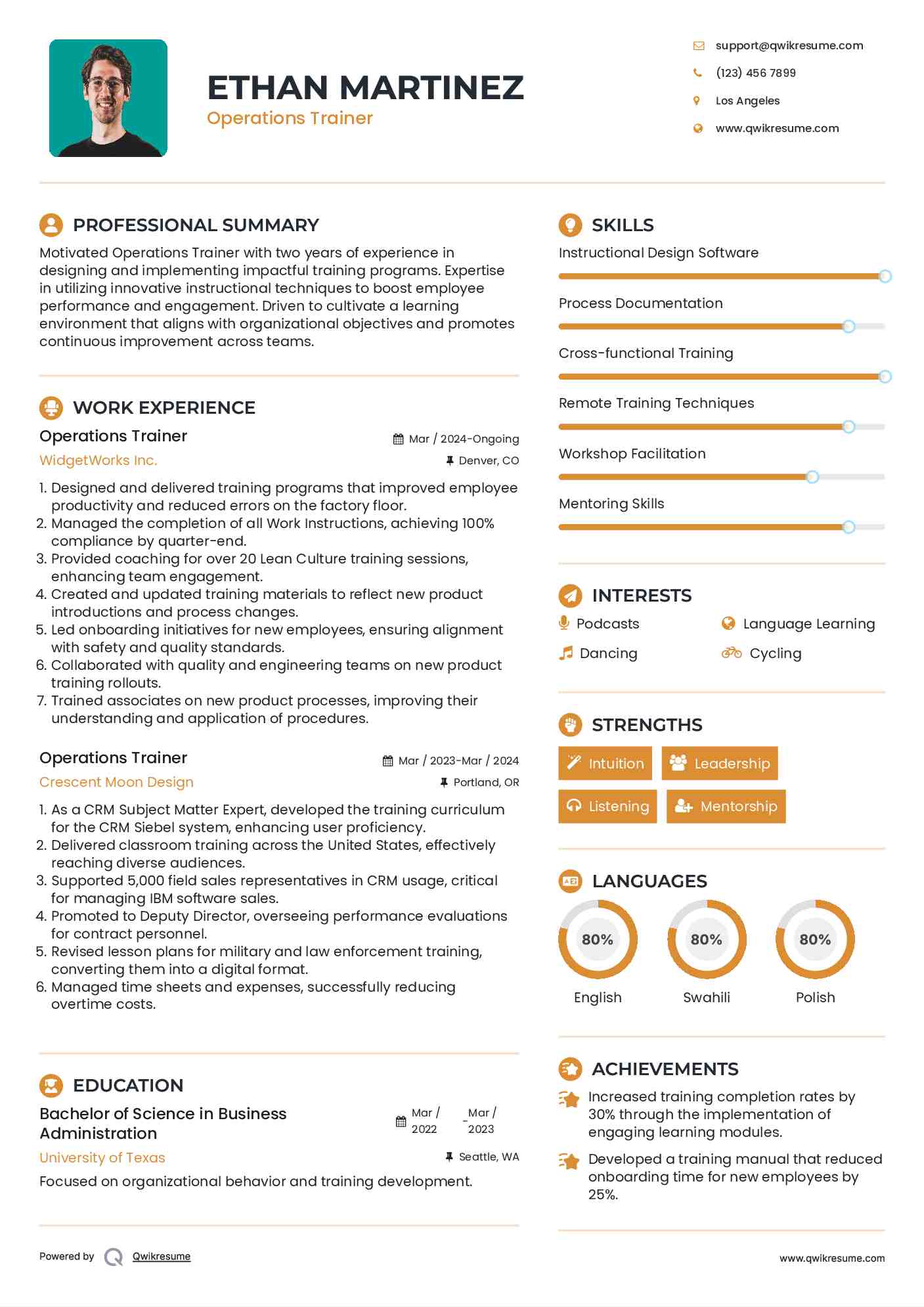 Operations Trainer Resume Example