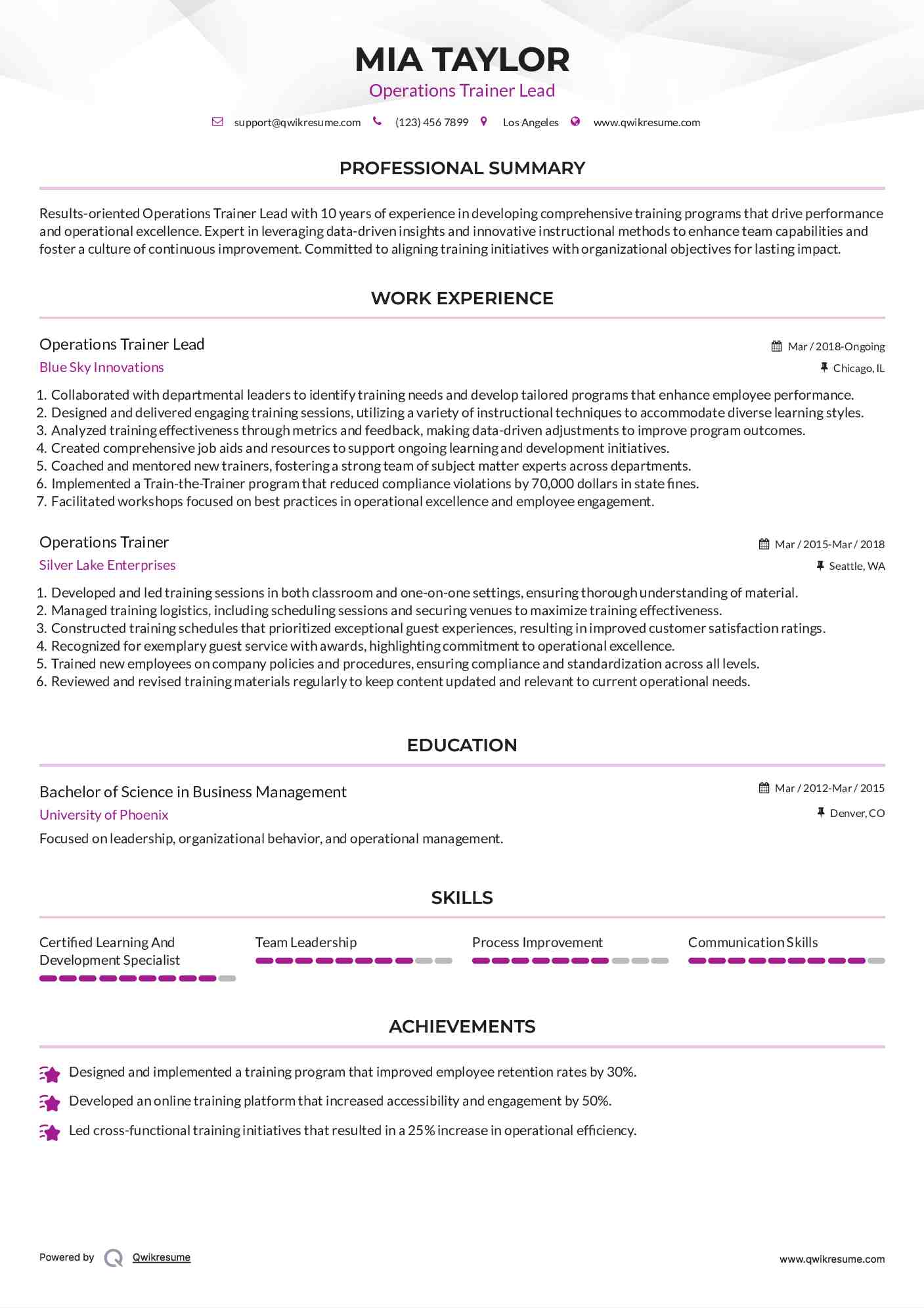 Operations Trainer Lead Resume Template
