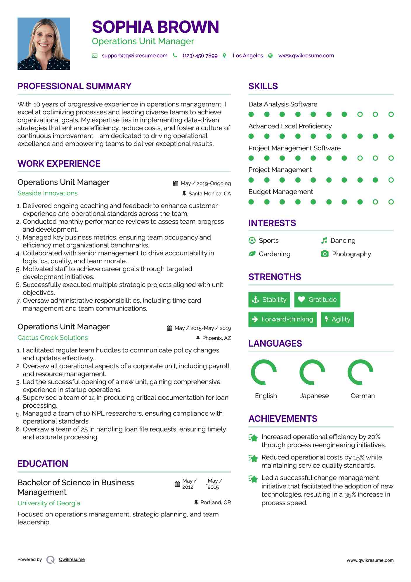 Operations Unit Manager Resume Example