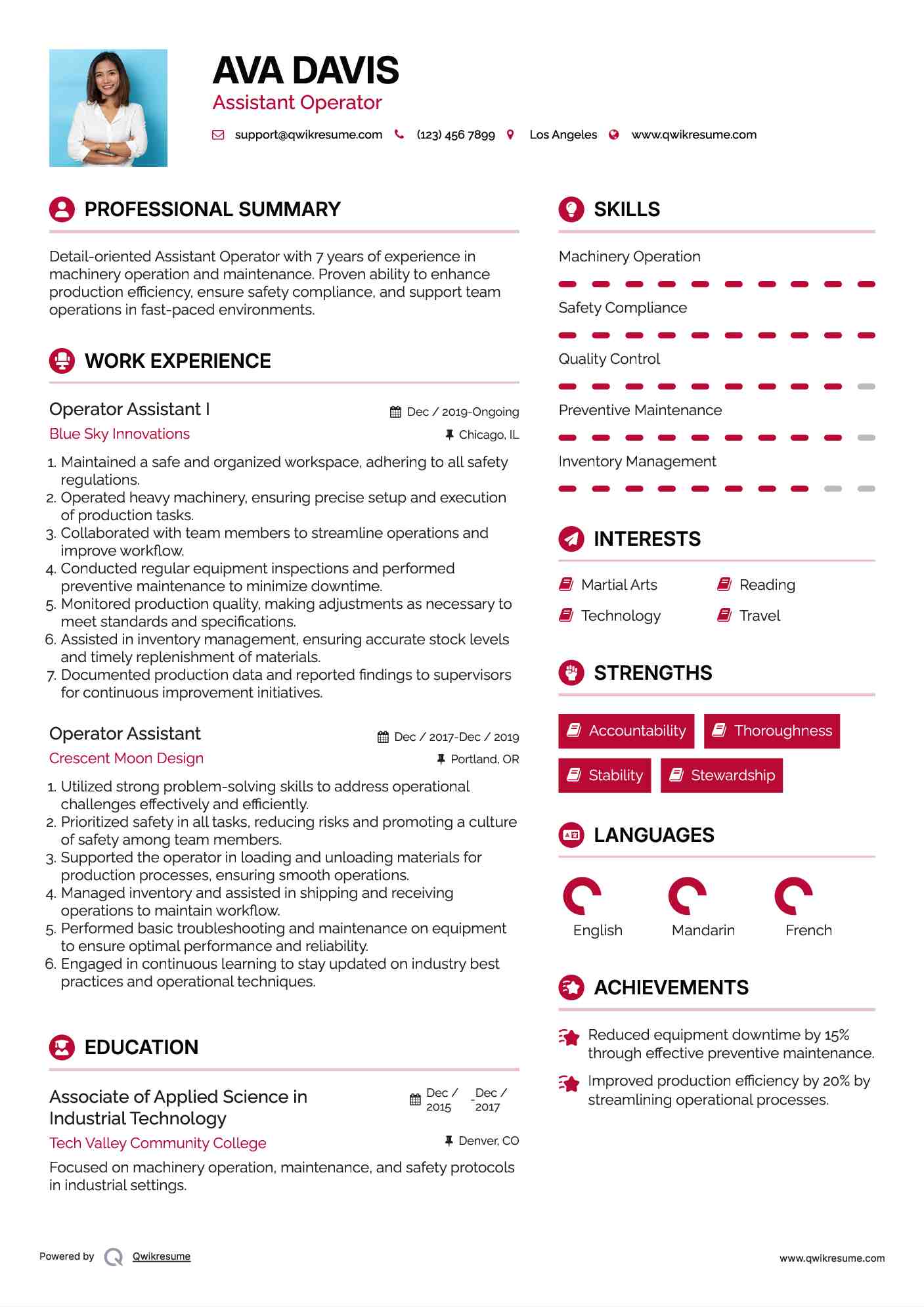 Operator Assistant I Resume Model