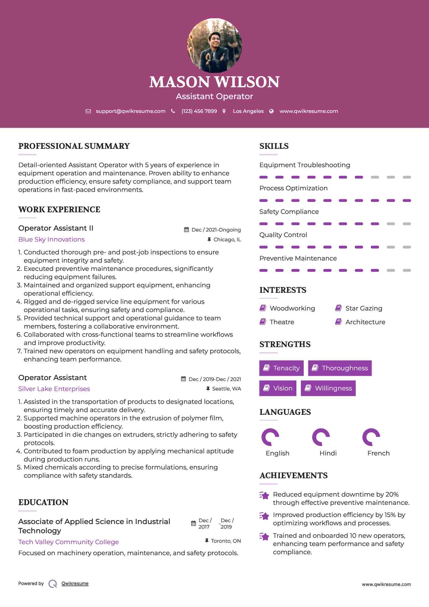 Operator Assistant II Resume Model