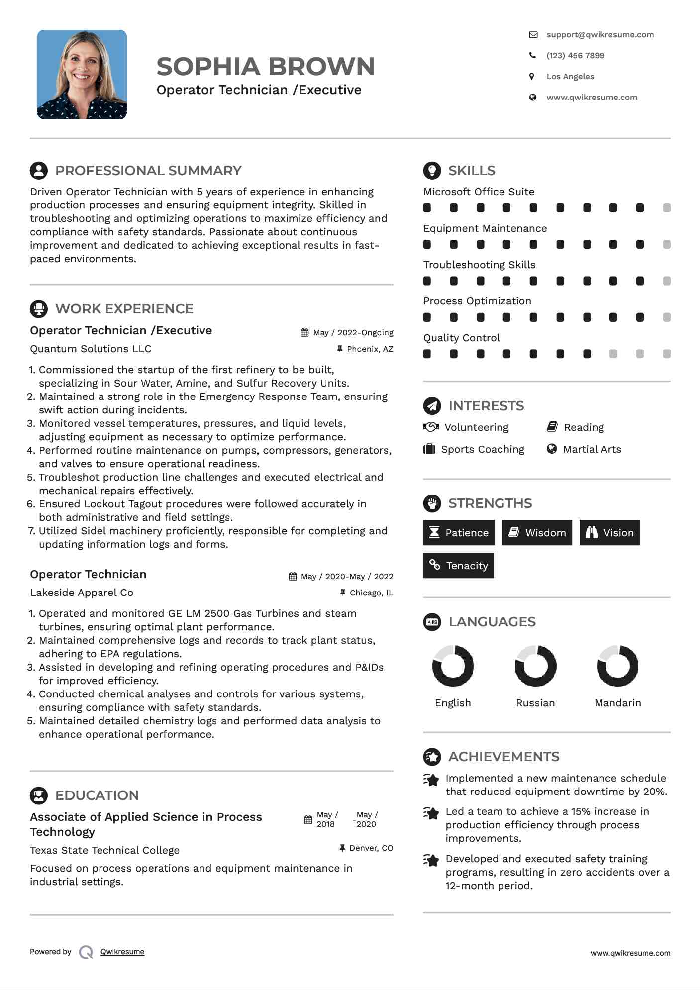 Operator Technician /Executive Resume Example