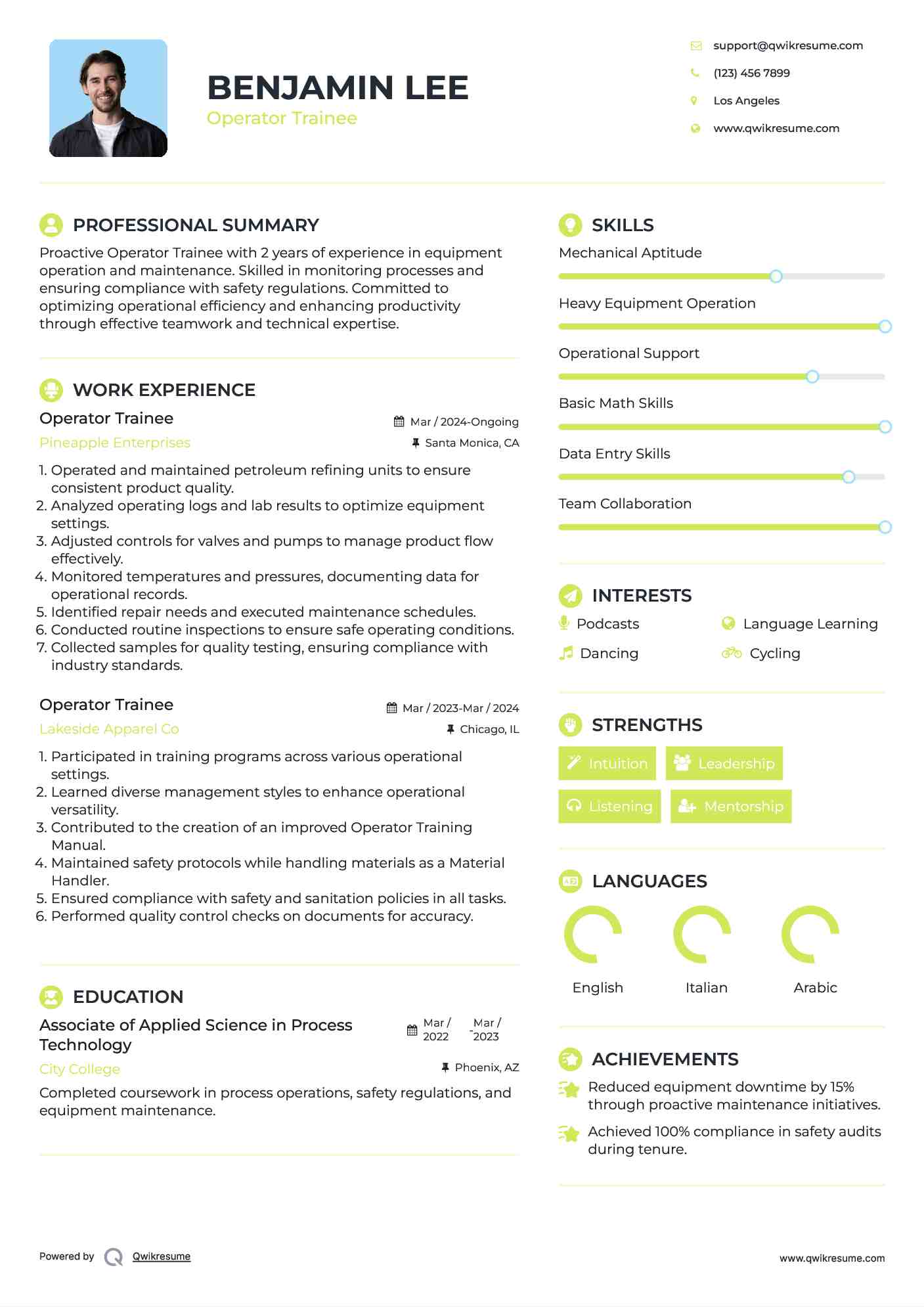 Operator Trainee Resume Sample